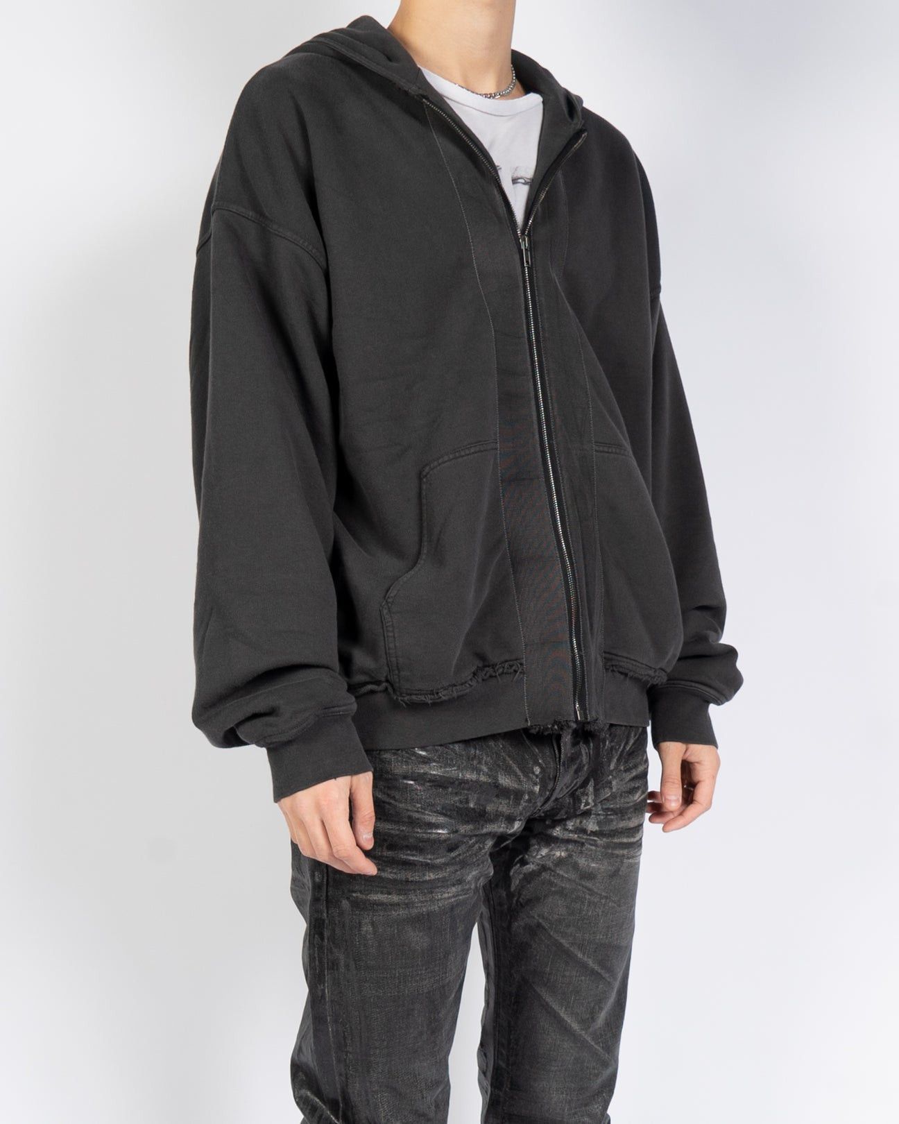 Haider Ackermann Dark Grey Distressed Double Layer Zip-Hoodie Size US L / EU 52-54 / 3 - 3 Thumbnail