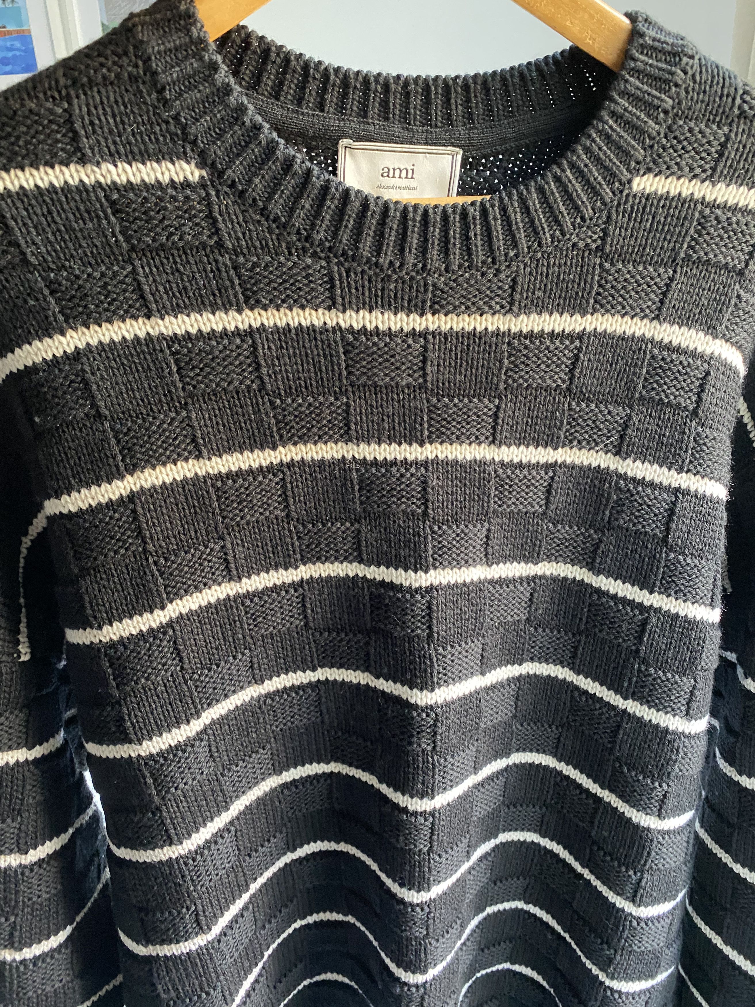 image of Ami Paris Striped Knit Sweater XL in Black White, Men's