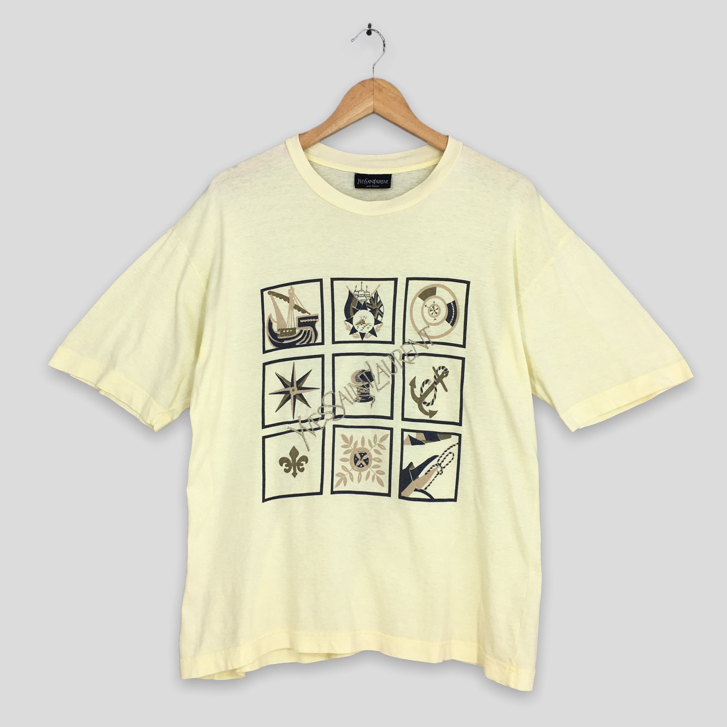 image of Vintage 90's YSL YVES Saint Laurent Mariner Prints T Shirt M in Yellow, Men's (Size Medium)