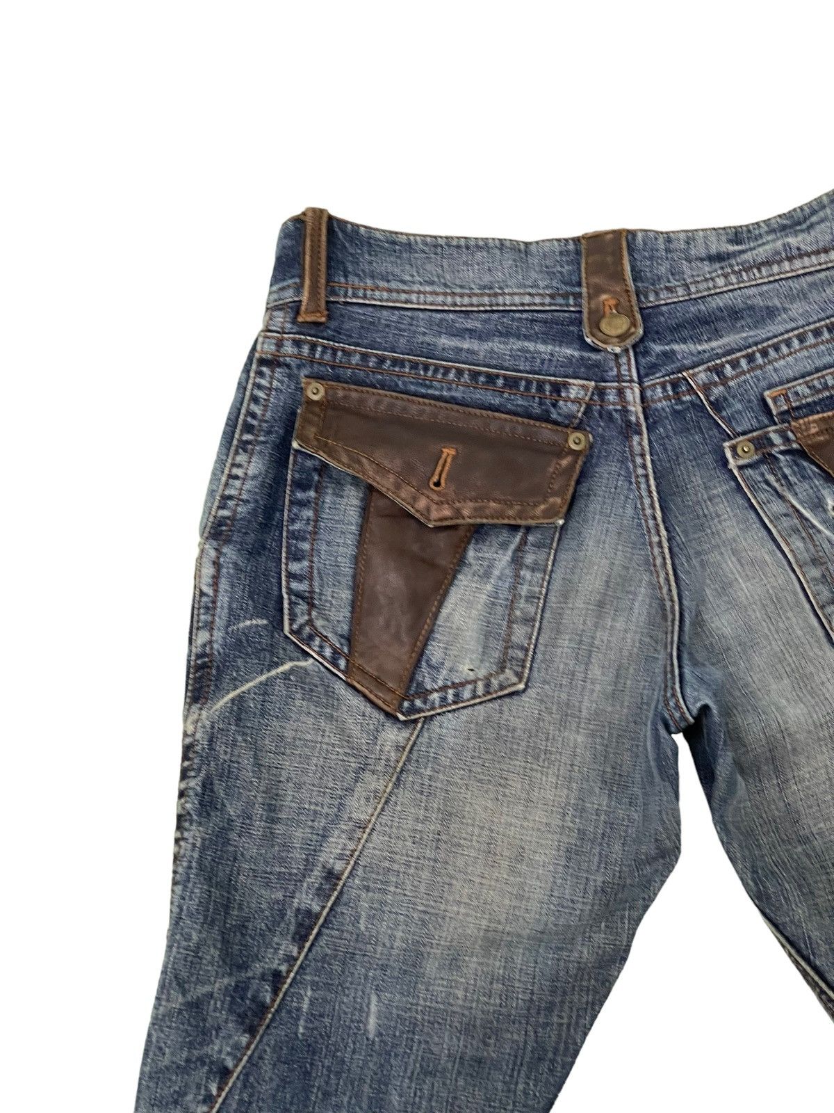 Japanese Brand Flare Jeans Michel Klein Distres Clawmark Denim Leather 5🟦0 Size US 31 - 8 Thumbnail