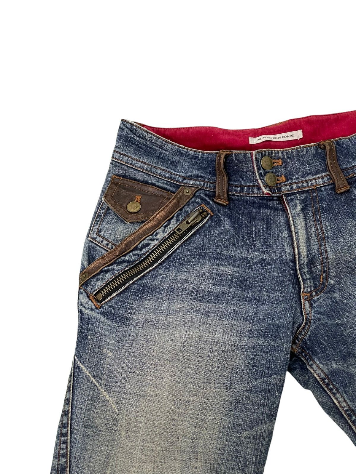 Japanese Brand Flare Jeans Michel Klein Distres Clawmark Denim Leather 5🟦0 Size US 31 - 18 Thumbnail