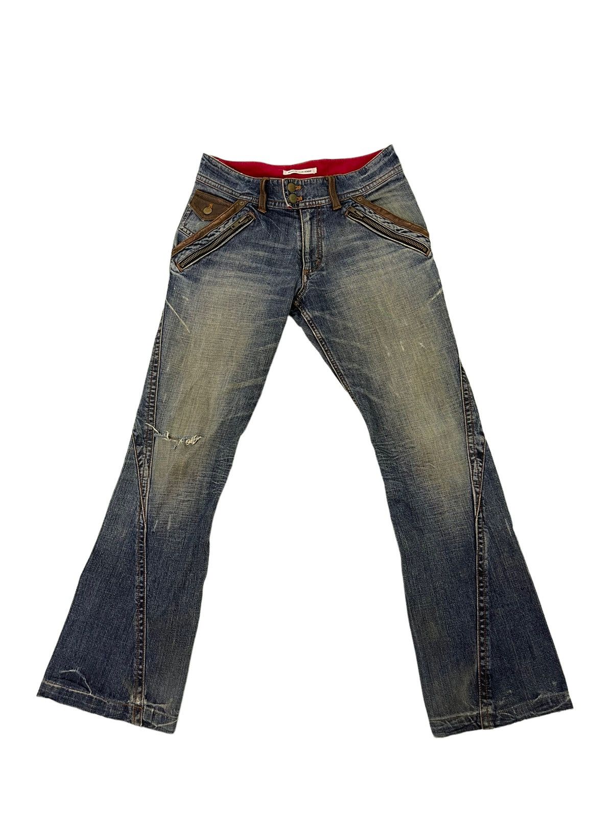 Japanese Brand Flare Jeans Michel Klein Distres Clawmark Denim Leather 5🟦0 Size US 31 - 11 Thumbnail