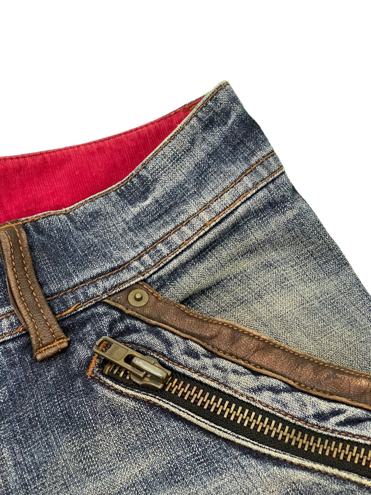 Japanese Brand Flare Jeans Michel Klein Distres Clawmark Denim Leather 5🟦0 Size US 31 - 21 Thumbnail