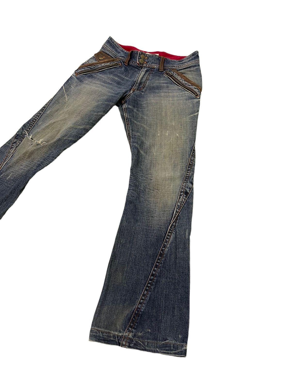 Japanese Brand Flare Jeans Michel Klein Distres Clawmark Denim Leather 5🟦0 Size US 31 - 13 Thumbnail