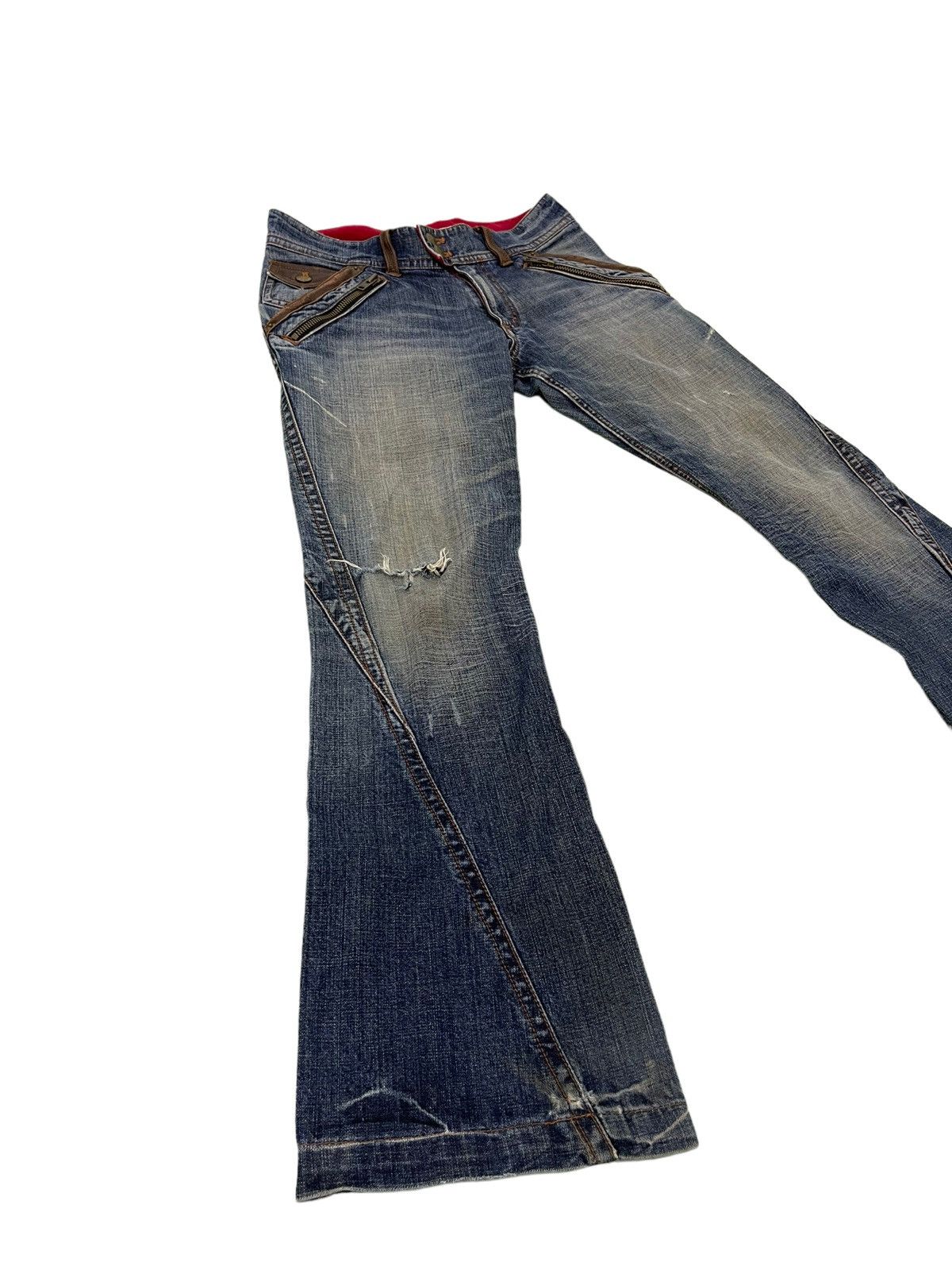 Japanese Brand Flare Jeans Michel Klein Distres Clawmark Denim Leather 5🟦0 Size US 31 - 12 Thumbnail