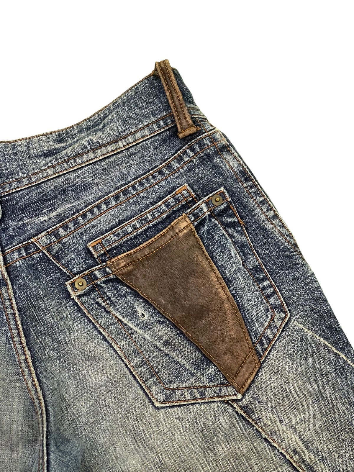 Japanese Brand Flare Jeans Michel Klein Distres Clawmark Denim Leather 5🟦0 Size US 31 - 10 Thumbnail