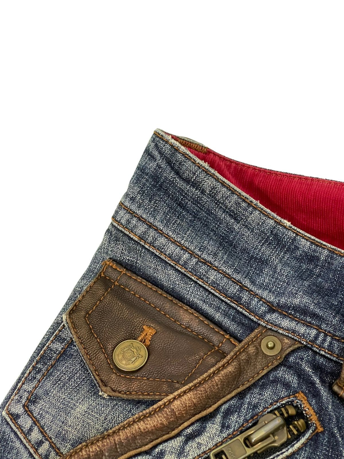Japanese Brand Flare Jeans Michel Klein Distres Clawmark Denim Leather 5🟦0 Size US 31 - 20 Thumbnail