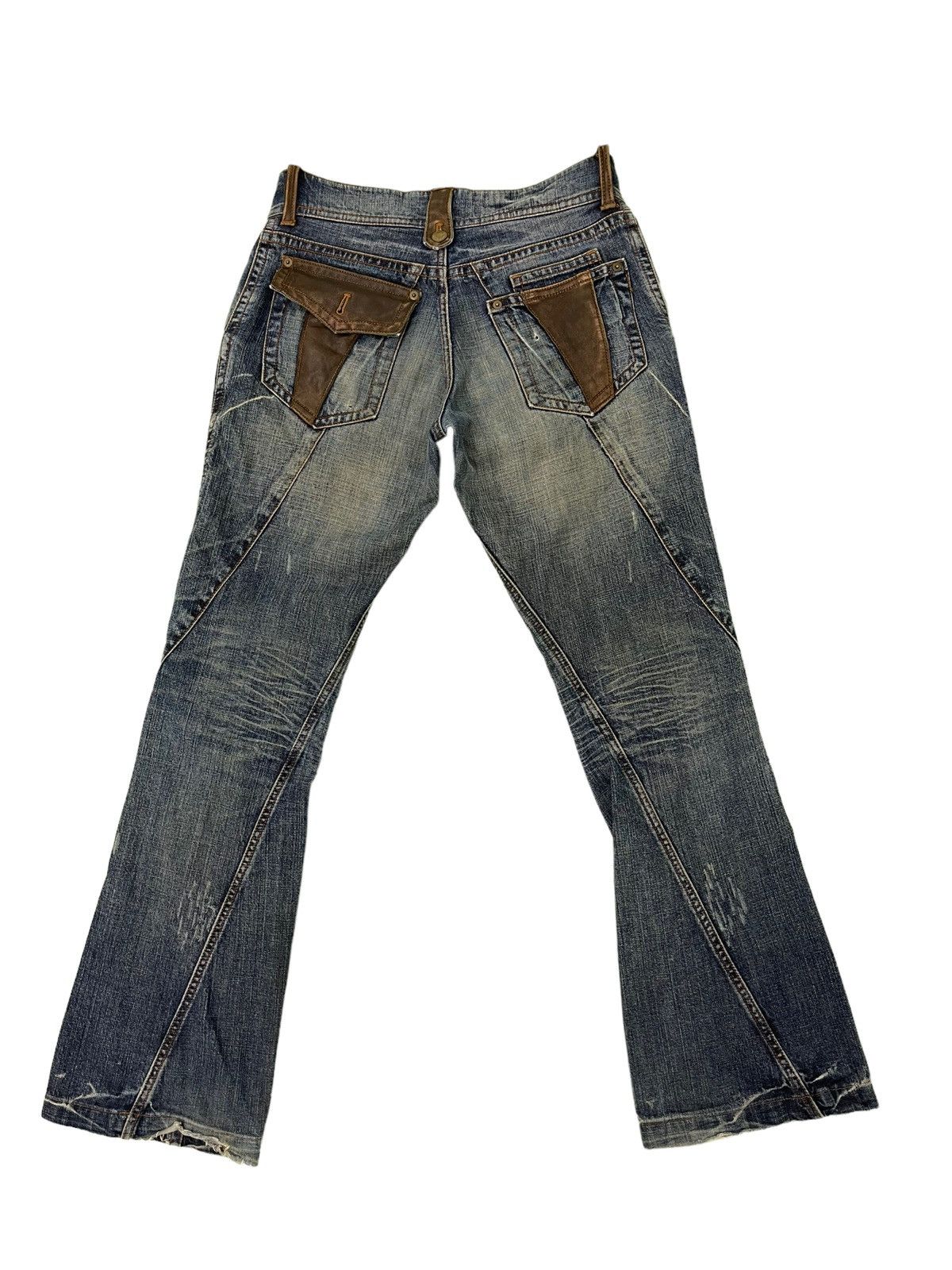 Japanese Brand Flare Jeans Michel Klein Distres Clawmark Denim Leather 5🟦0 Size US 31 - 2 Thumbnail