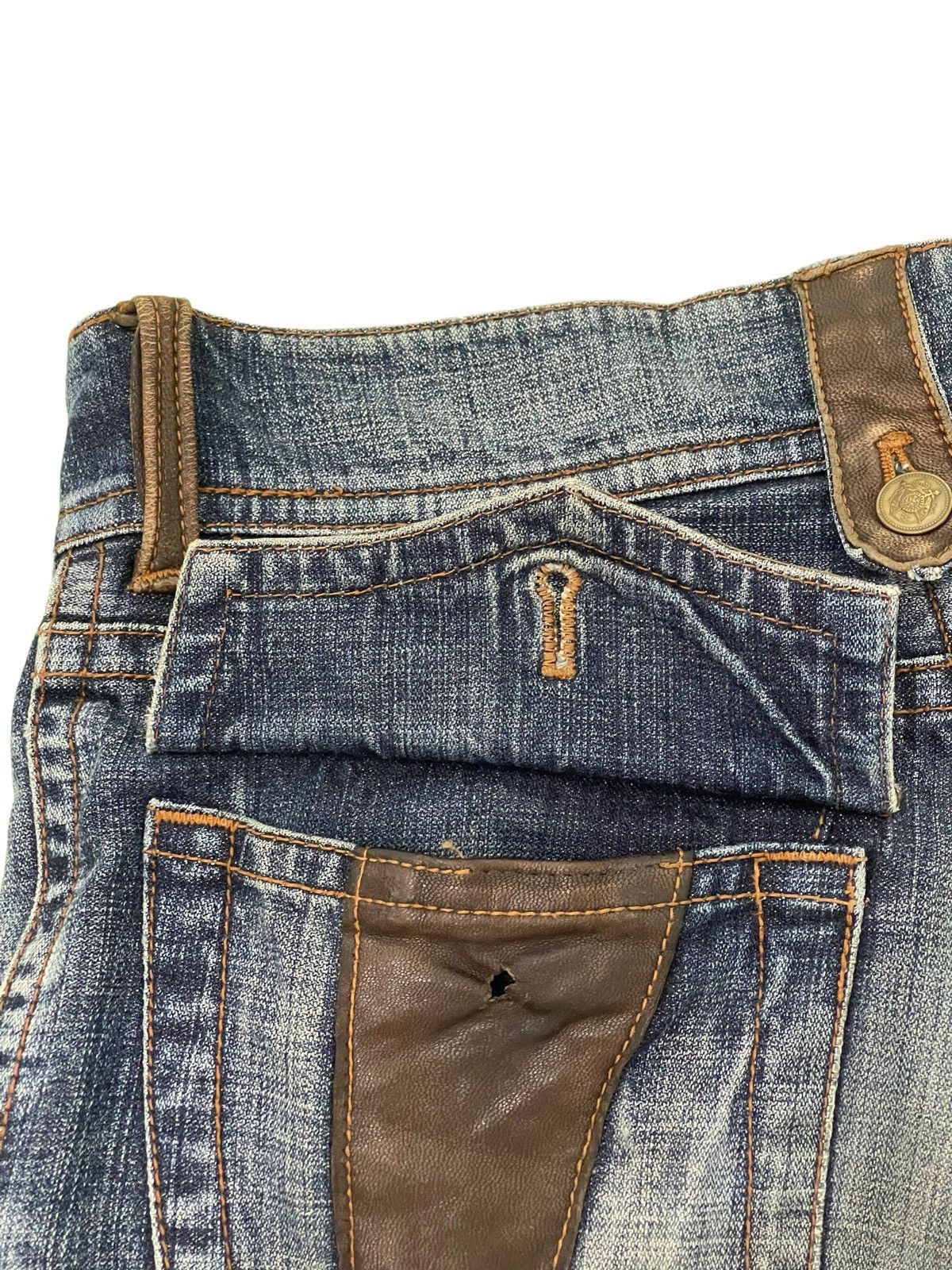 Japanese Brand Flare Jeans Michel Klein Distres Clawmark Denim Leather 5🟦0 Size US 31 - 9 Thumbnail