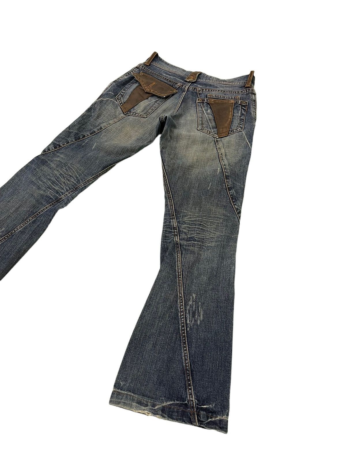 Japanese Brand Flare Jeans Michel Klein Distres Clawmark Denim Leather 5🟦0 Size US 31 - 3 Thumbnail