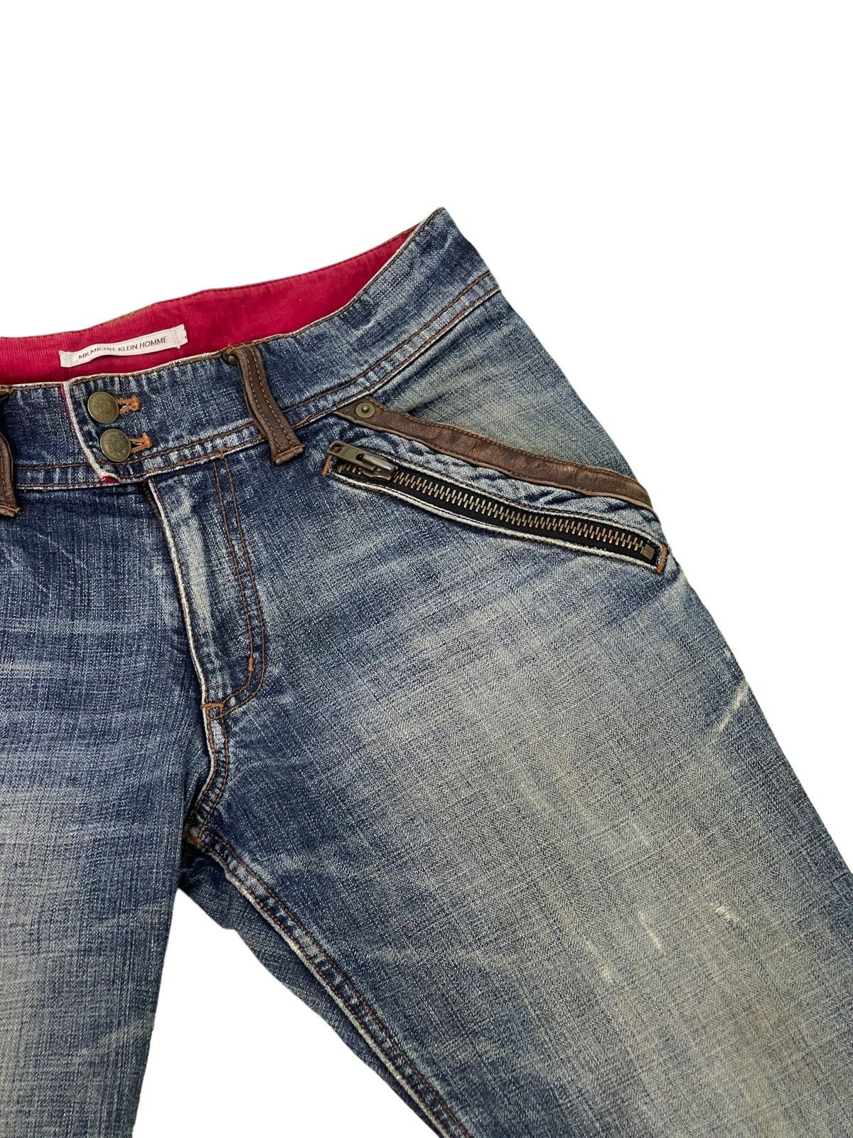 Japanese Brand Flare Jeans Michel Klein Distres Clawmark Denim Leather 5🟦0 Size US 31 - 19 Thumbnail