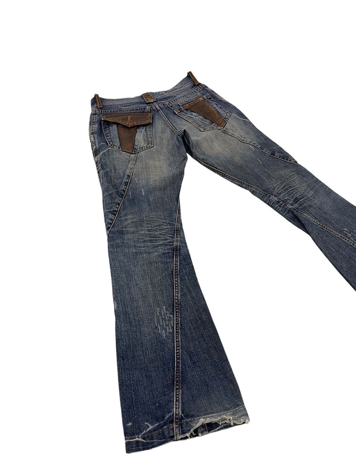 Japanese Brand Flare Jeans Michel Klein Distres Clawmark Denim Leather 5🟦0 Size US 31 - 1 Thumbnail