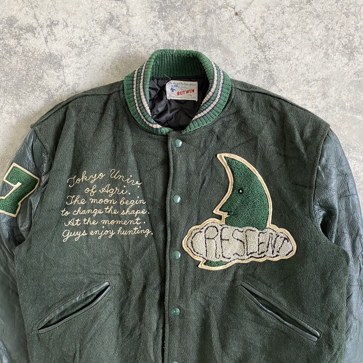 Vintage Vintage Crescent Hybrid Leather Varsity Jacket Wool Size US L / EU 52-54 / 3 - 3 Thumbnail