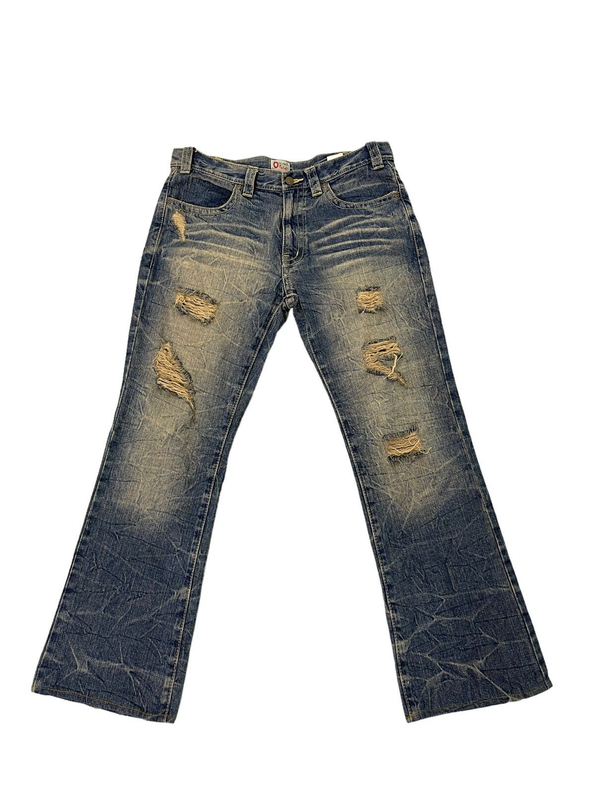 Japanese Brand Flare Jeans Pinball Acid Wash Distress Denim Boot Cut 5🟦0 Size US 34 / EU 50 - 2 Thumbnail