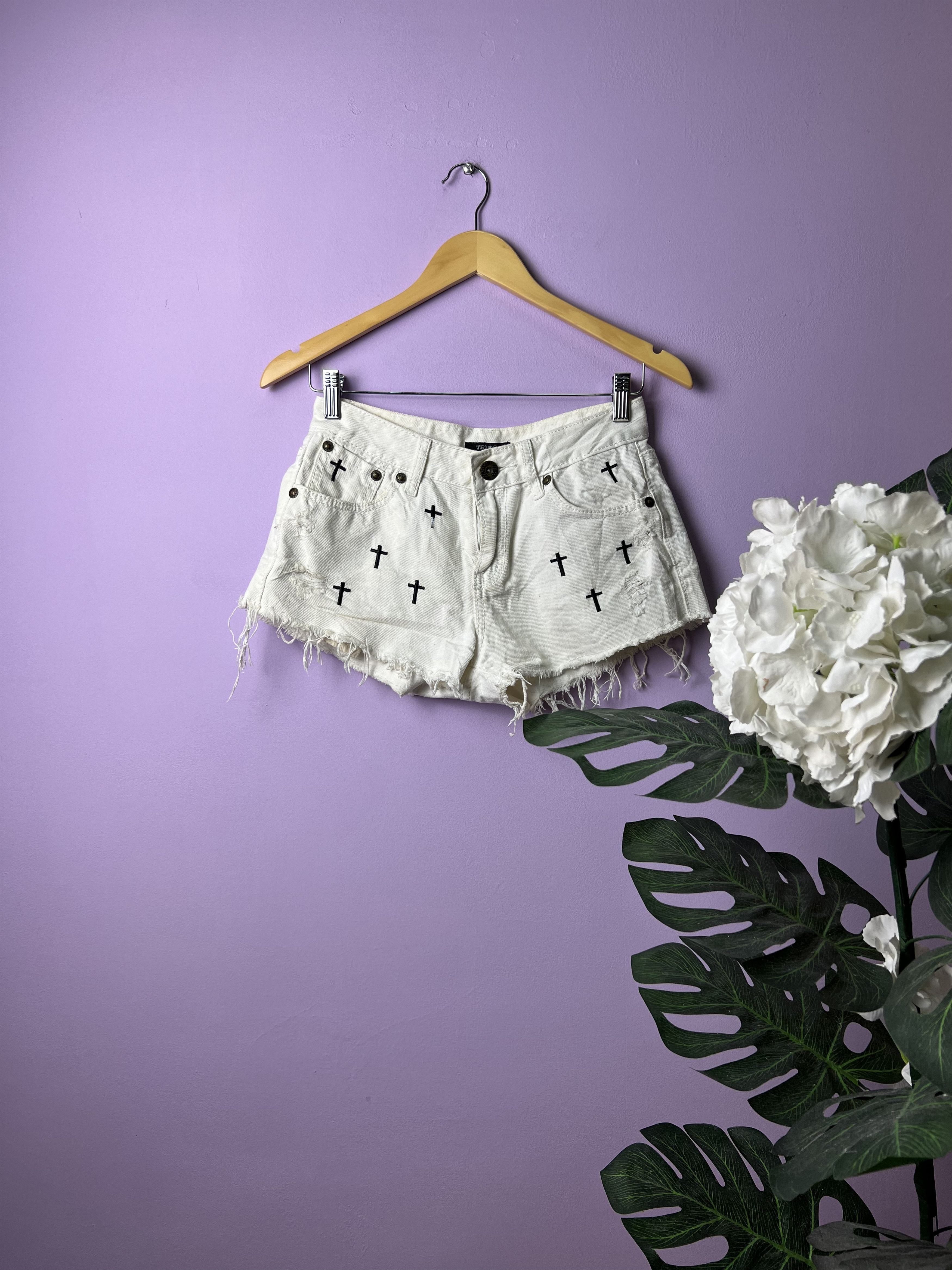 image of Tribe Zion Tribe Full Cross Embroidery Short Denim in White, Women's (Size 27)