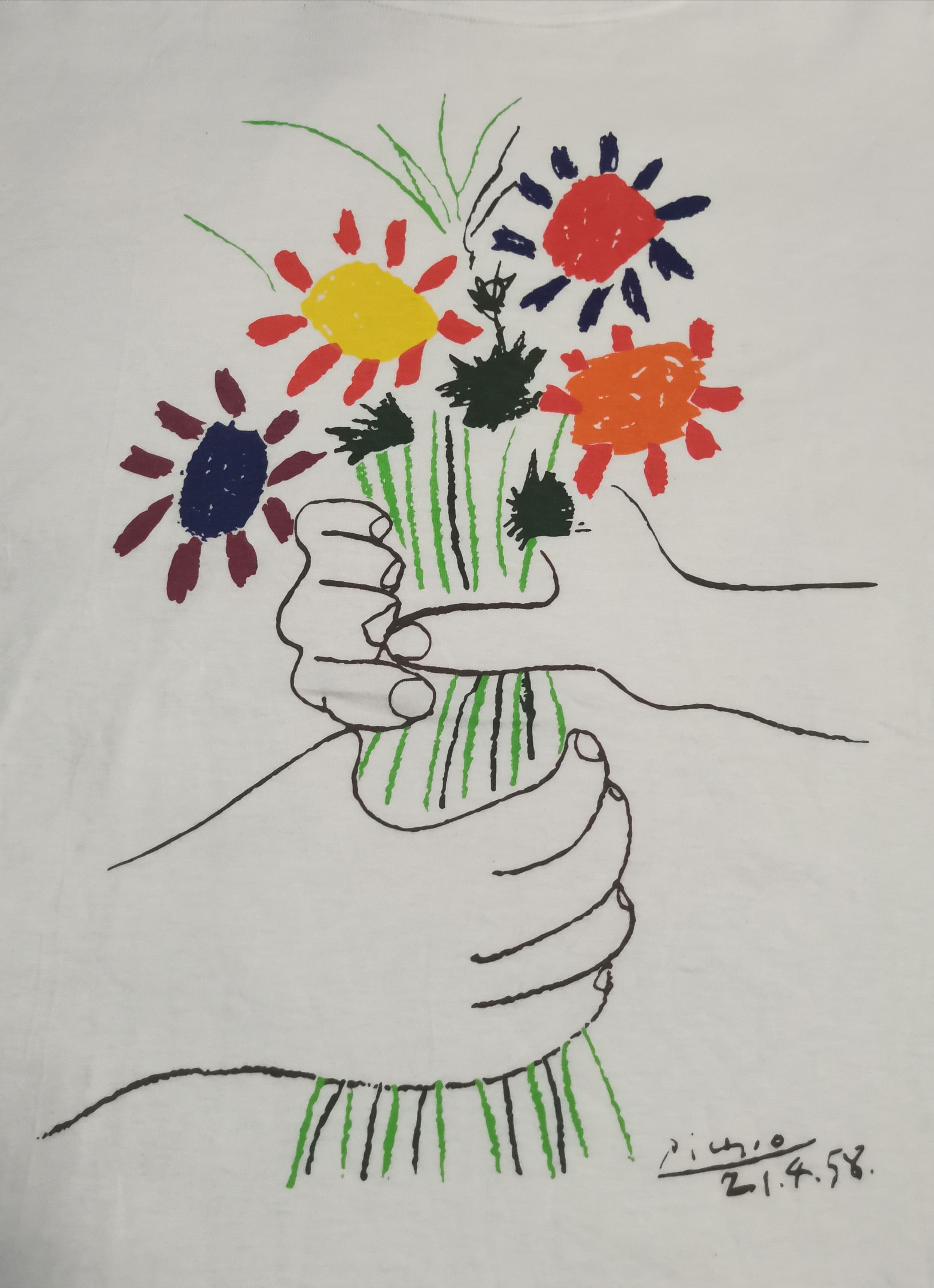 image of Vintage Picasso Flowers Painting Tee Art Designer Graffiti in White, Men's (Size Medium)