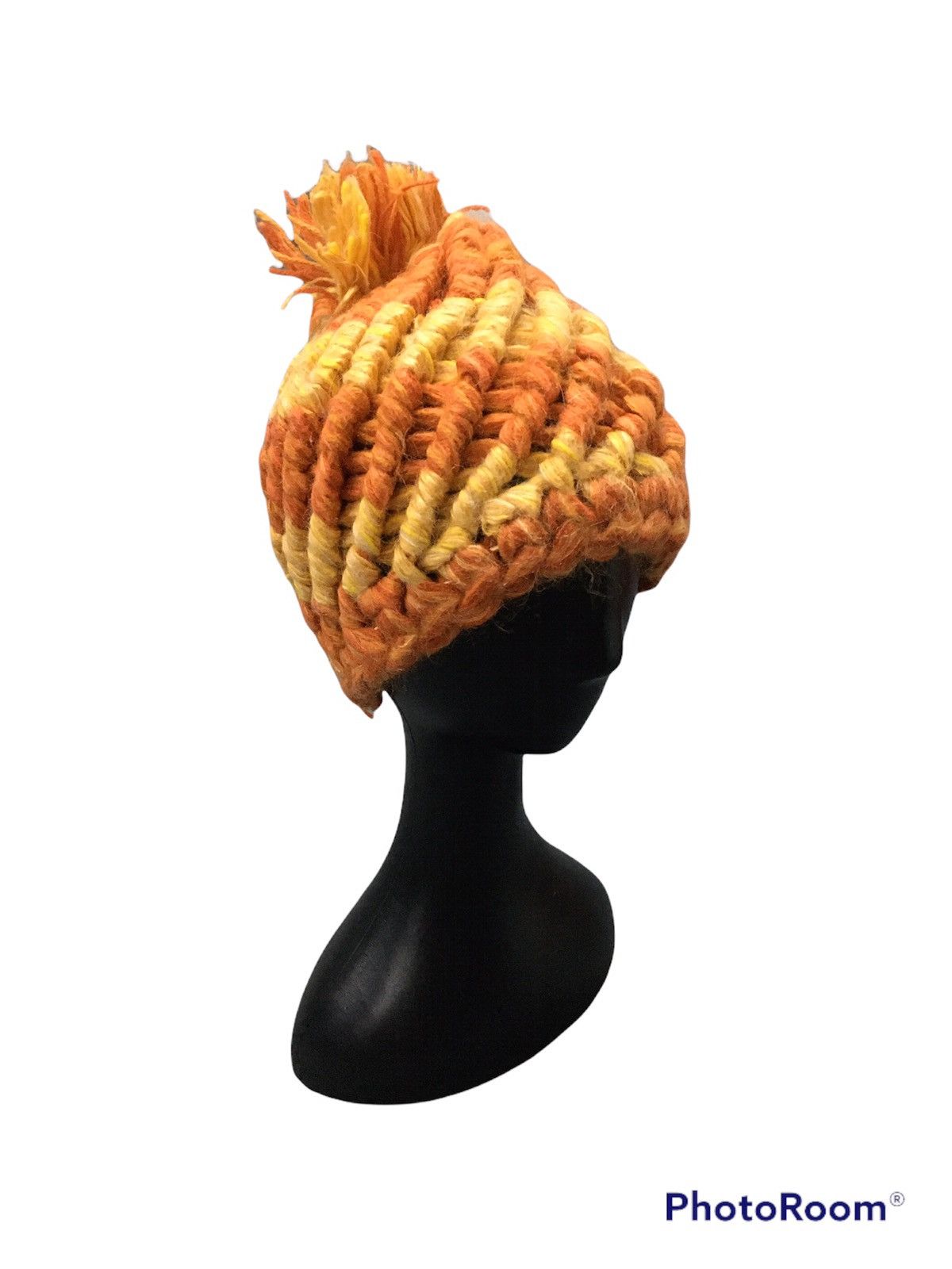 image of Coloured Cable Knit Sweater Rolled Brim Cable Knit Beanie Hat in Orange, Men's