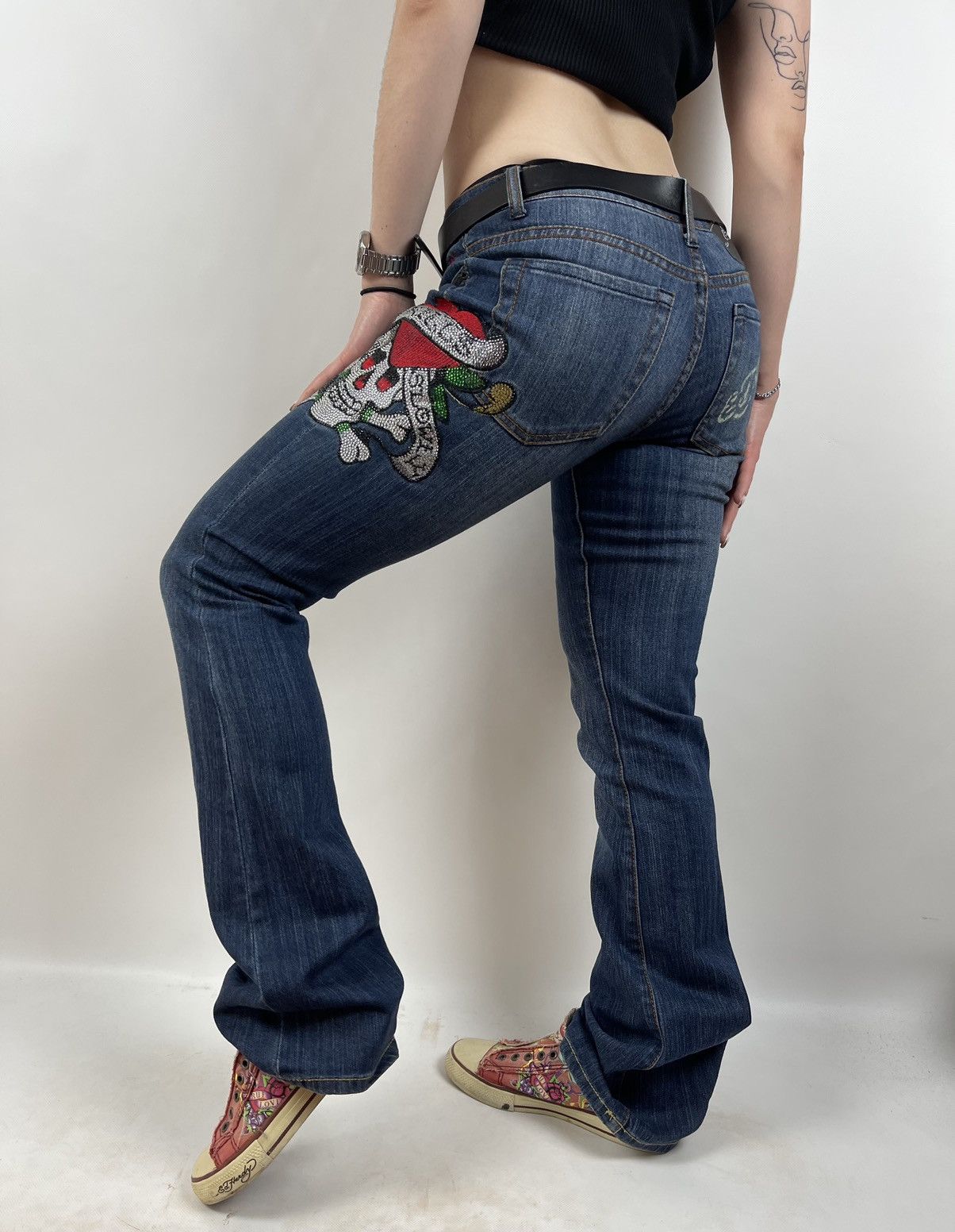 Christian Audigier Vintage Ed Hardy Women’s Denim Flared Rhinestone Pants Y2K Size 27" / US 4 / IT 40 - 1 Thumbnail