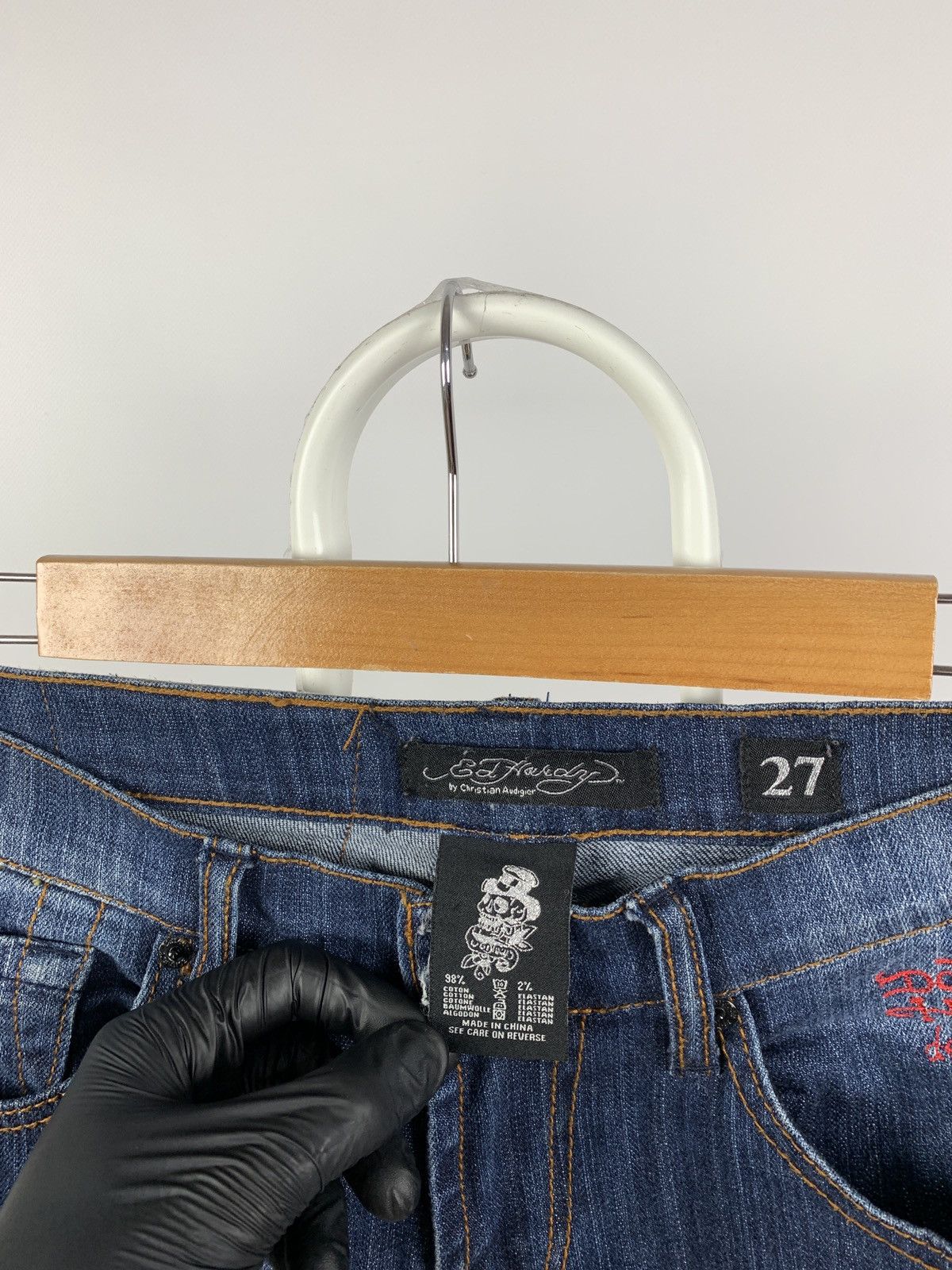 Christian Audigier Vintage Ed Hardy Women’s Denim Flared Rhinestone Pants Y2K Size 27" / US 4 / IT 40 - 19 Thumbnail