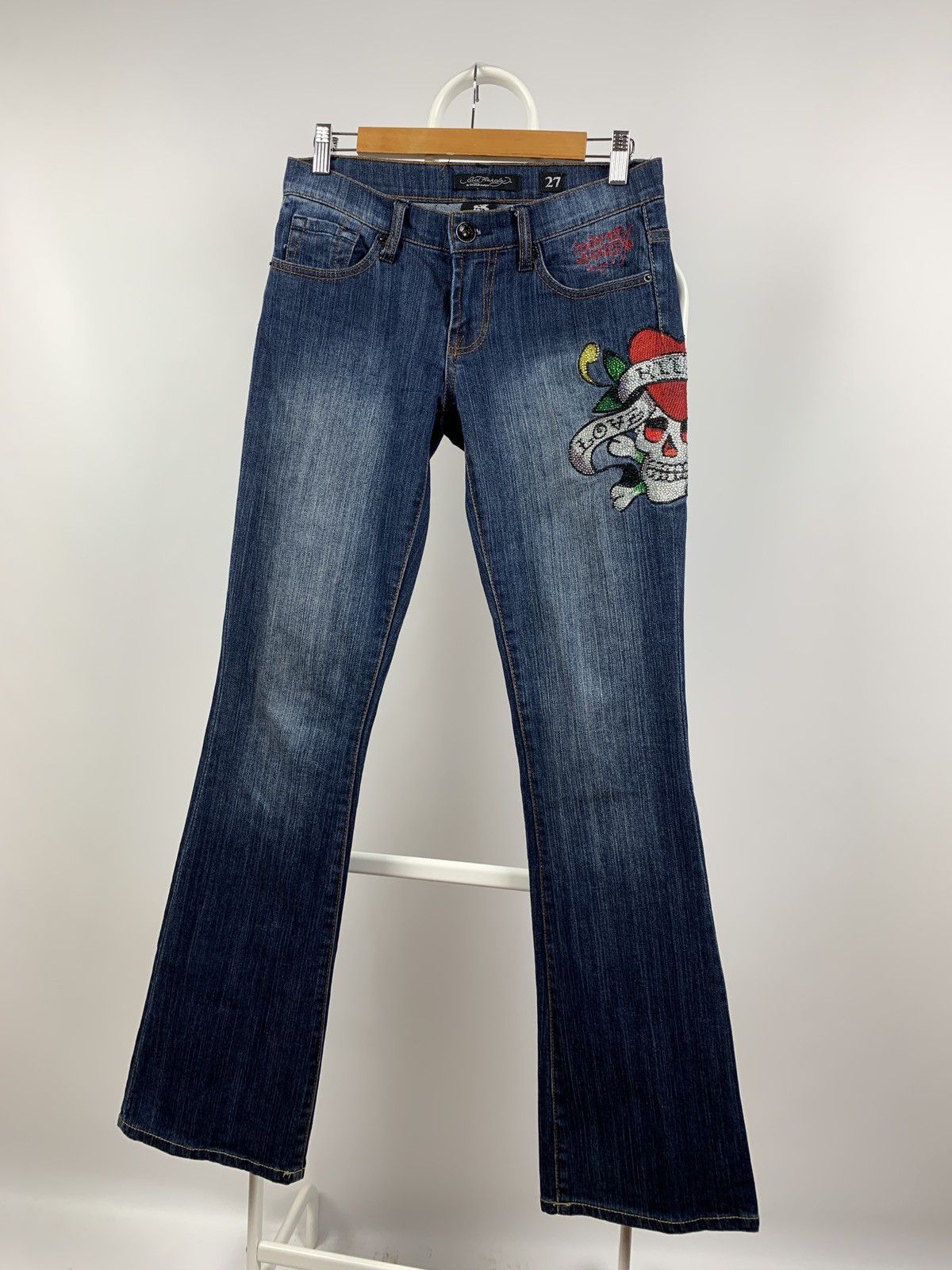 Christian Audigier Vintage Ed Hardy Women’s Denim Flared Rhinestone Pants Y2K Size 27" / US 4 / IT 40 - 5 Thumbnail