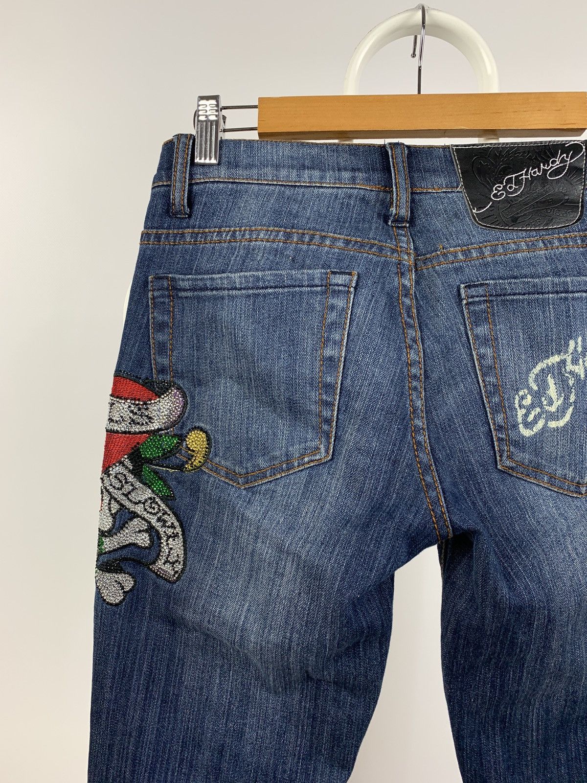 Christian Audigier Vintage Ed Hardy Women’s Denim Flared Rhinestone Pants Y2K Size 27" / US 4 / IT 40 - 17 Thumbnail