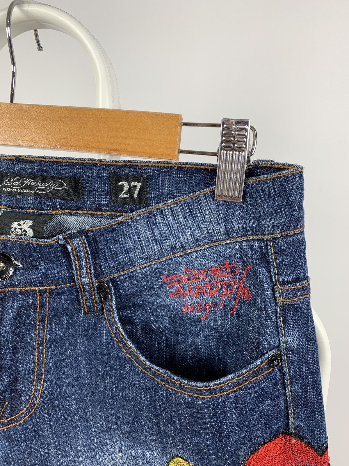 Christian Audigier Vintage Ed Hardy Women’s Denim Flared Rhinestone Pants Y2K Size 27" / US 4 / IT 40 - 12 Thumbnail