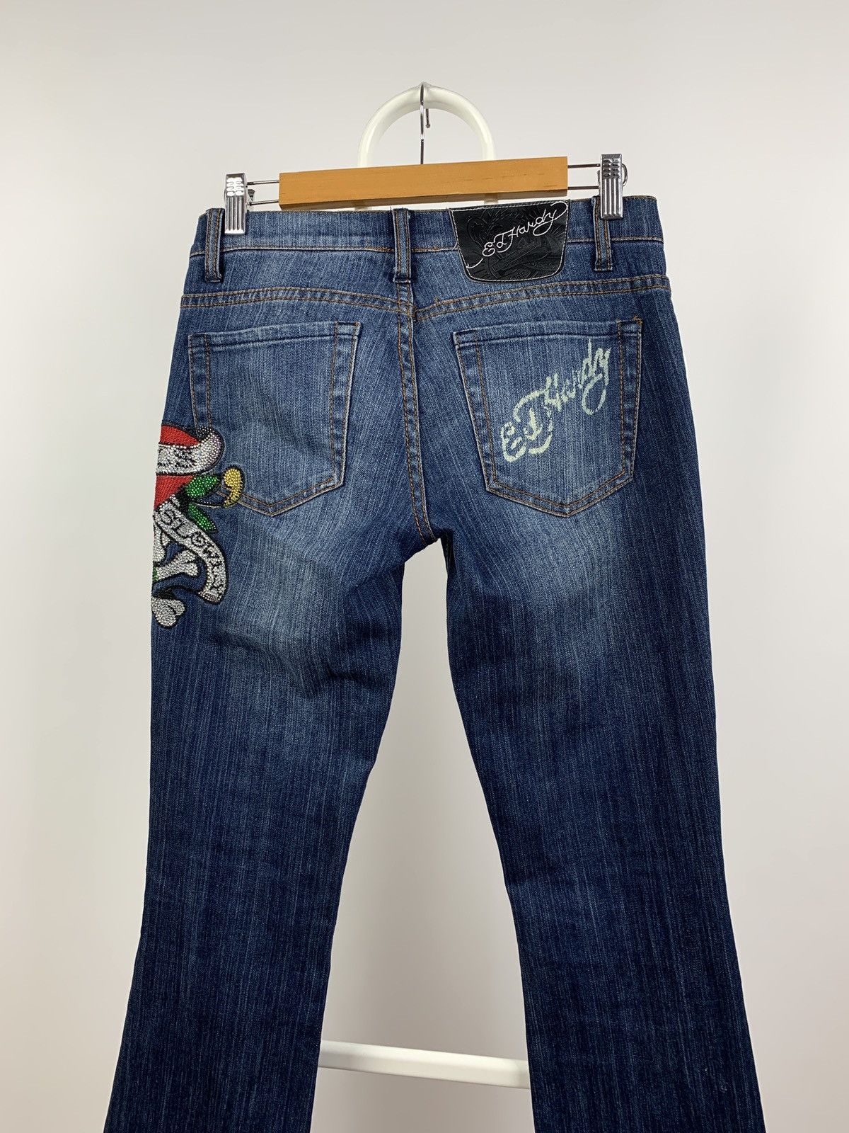Christian Audigier Vintage Ed Hardy Women’s Denim Flared Rhinestone Pants Y2K Size 27" / US 4 / IT 40 - 15 Thumbnail