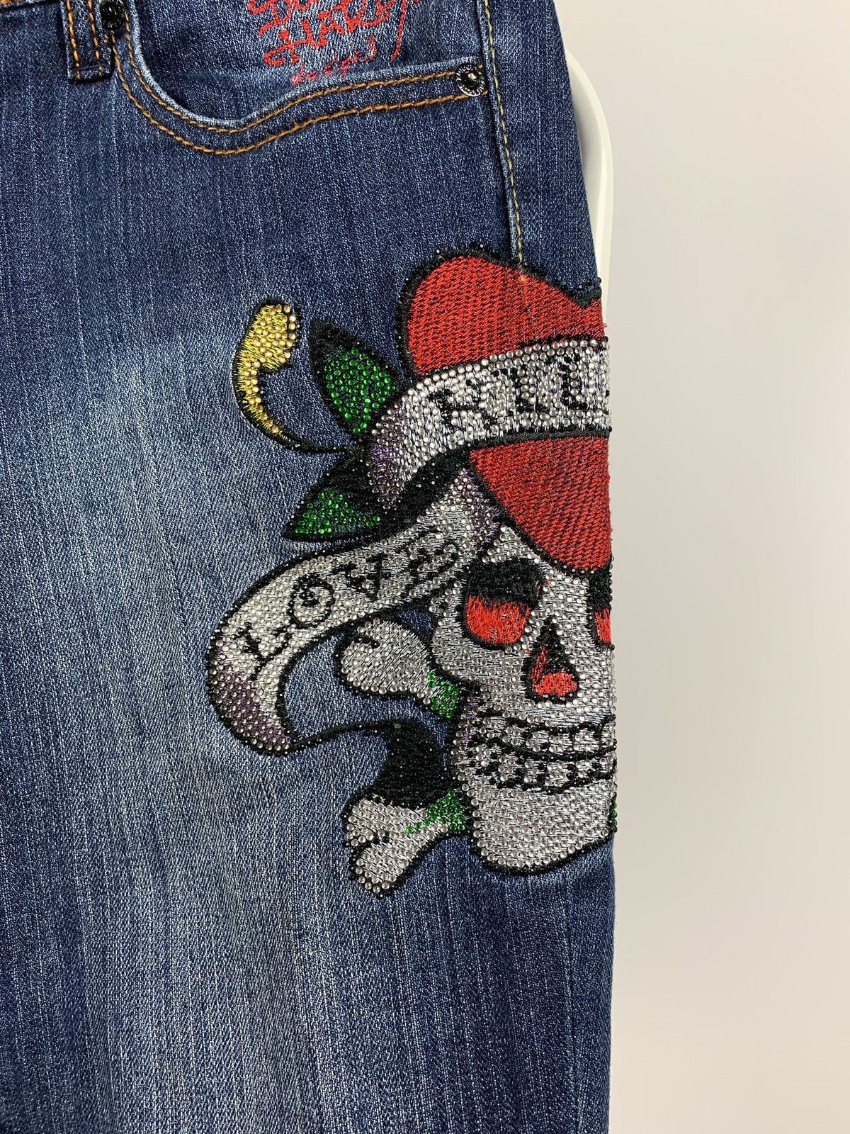 Christian Audigier Vintage Ed Hardy Women’s Denim Flared Rhinestone Pants Y2K Size 27" / US 4 / IT 40 - 10 Thumbnail