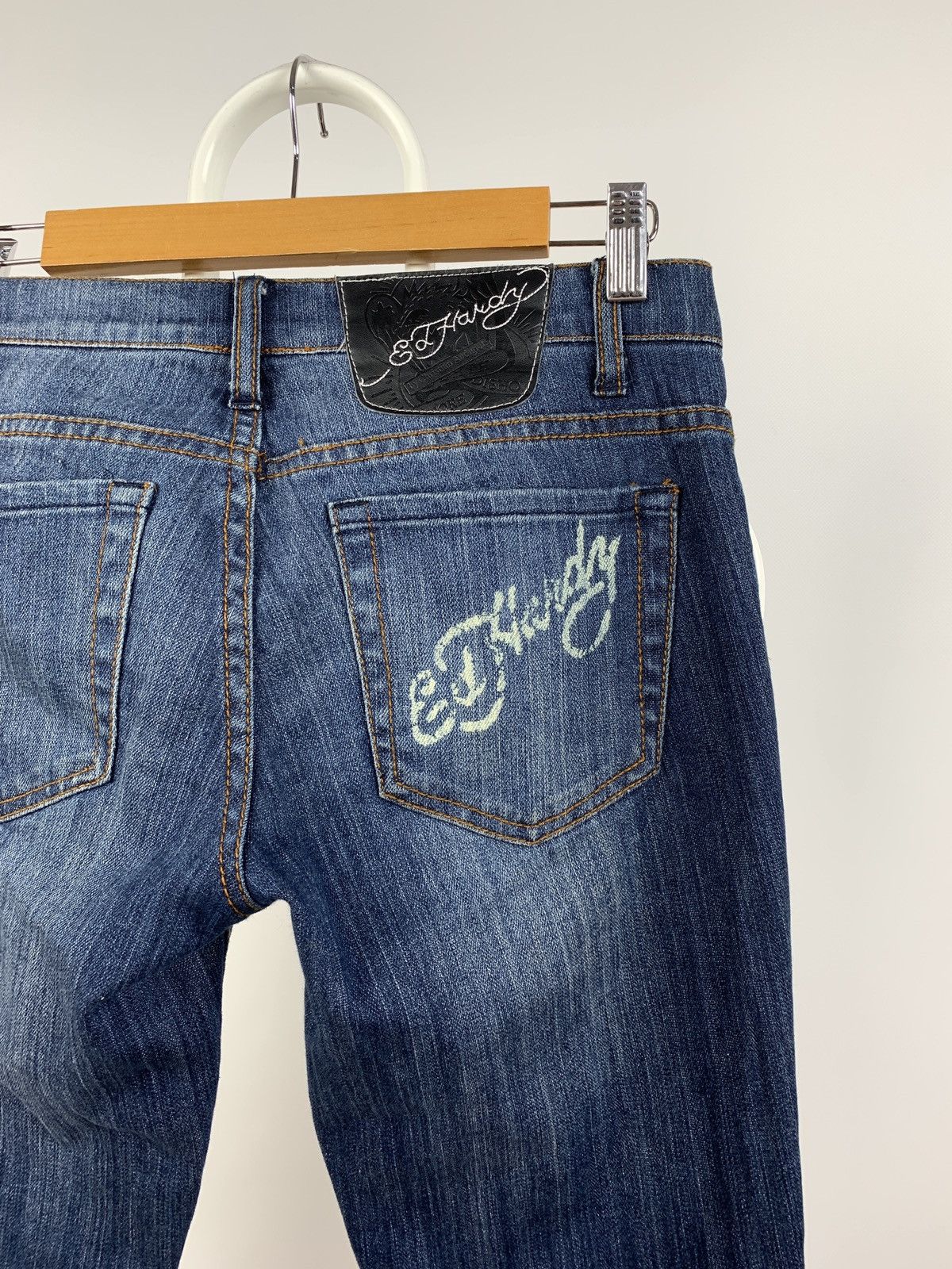 Christian Audigier Vintage Ed Hardy Women’s Denim Flared Rhinestone Pants Y2K Size 27" / US 4 / IT 40 - 16 Thumbnail