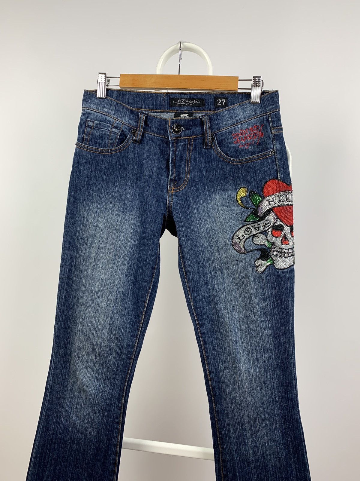 Christian Audigier Vintage Ed Hardy Women’s Denim Flared Rhinestone Pants Y2K Size 27" / US 4 / IT 40 - 7 Thumbnail