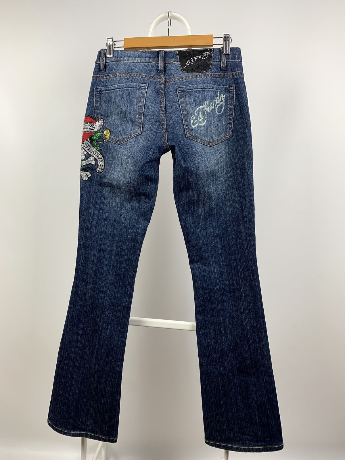 Christian Audigier Vintage Ed Hardy Women’s Denim Flared Rhinestone Pants Y2K Size 27" / US 4 / IT 40 - 6 Thumbnail