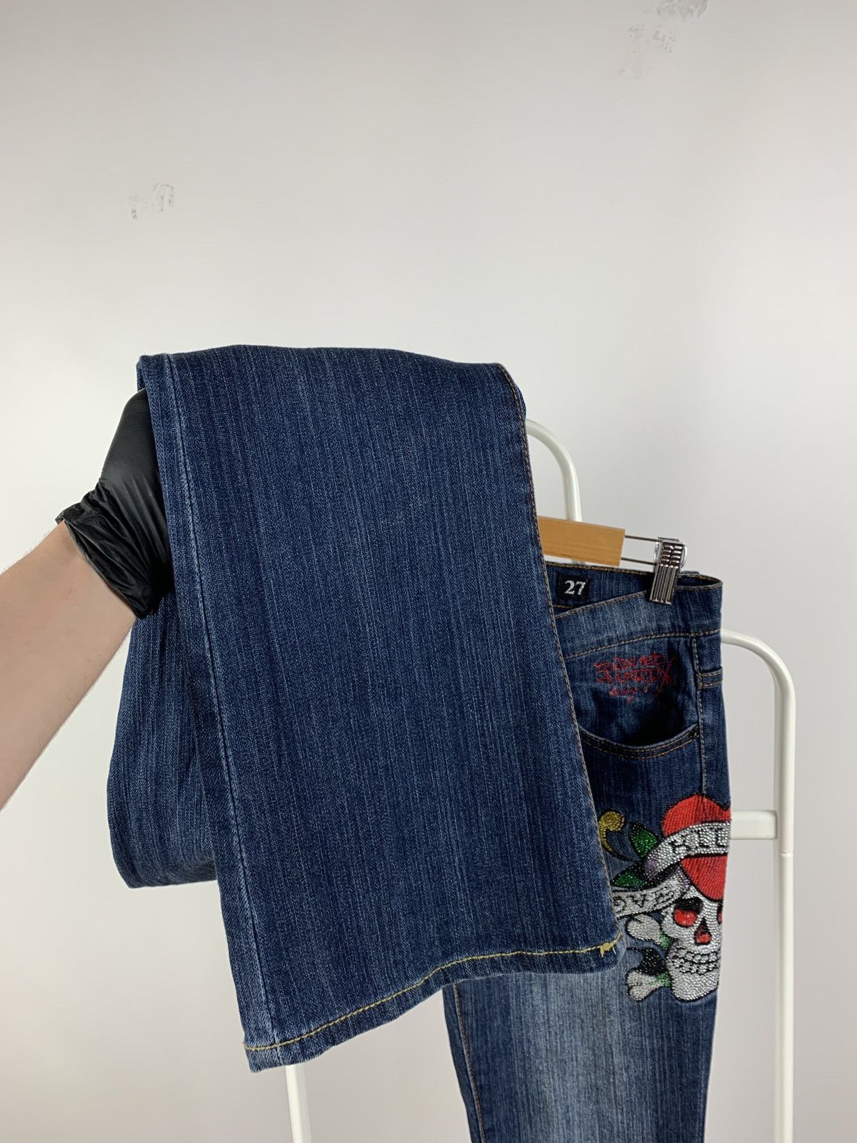 Christian Audigier Vintage Ed Hardy Women’s Denim Flared Rhinestone Pants Y2K Size 27" / US 4 / IT 40 - 14 Thumbnail
