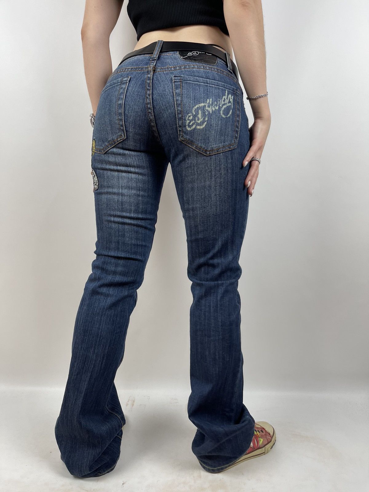 Christian Audigier Vintage Ed Hardy Women’s Denim Flared Rhinestone Pants Y2K Size 27" / US 4 / IT 40 - 2 Thumbnail
