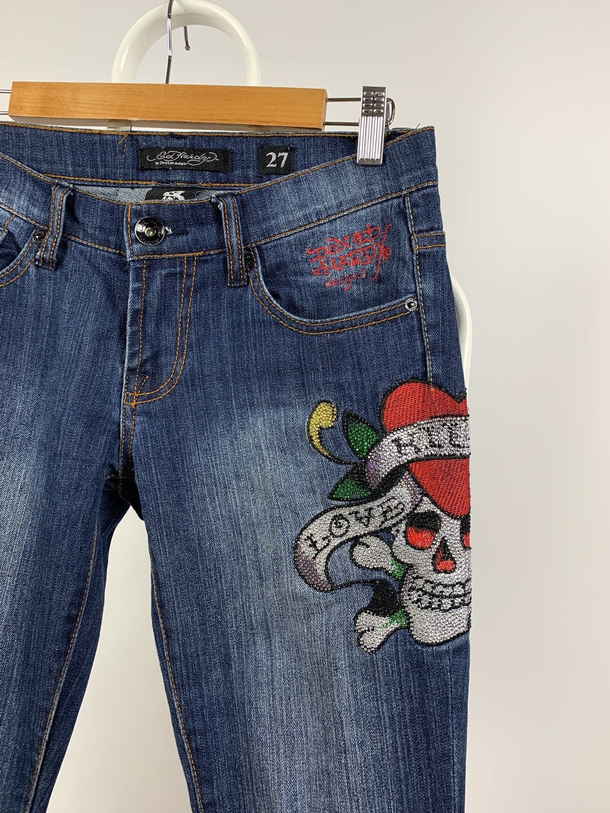 Christian Audigier Vintage Ed Hardy Women’s Denim Flared Rhinestone Pants Y2K Size 27" / US 4 / IT 40 - 8 Thumbnail