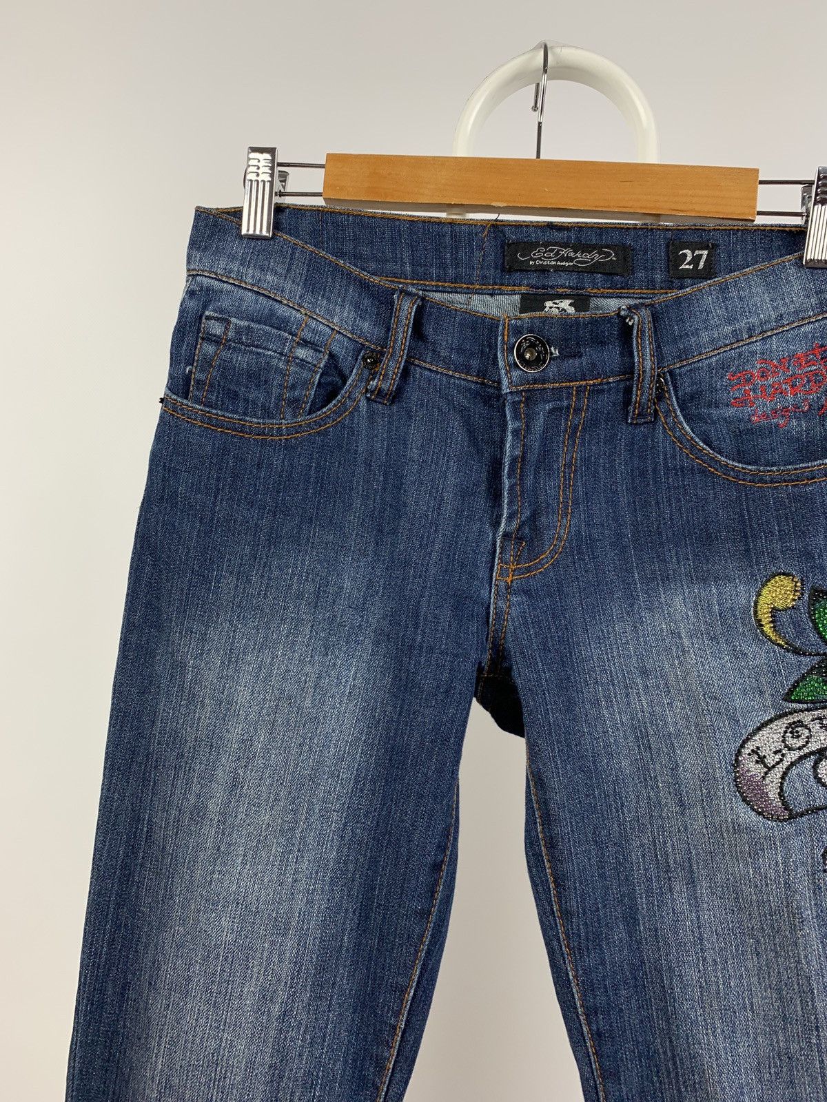 Christian Audigier Vintage Ed Hardy Women’s Denim Flared Rhinestone Pants Y2K Size 27" / US 4 / IT 40 - 9 Thumbnail