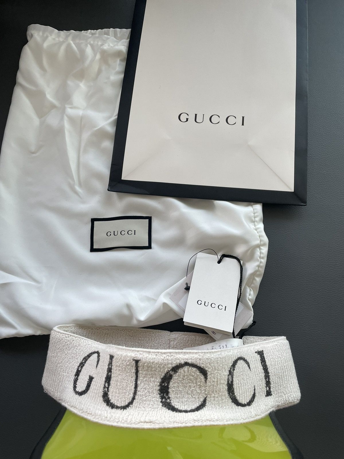 Gucci Limited RARE Super Runway Vinyl Gucci Logo Elastic Visor Hat Size ONE SIZE - 11 Thumbnail