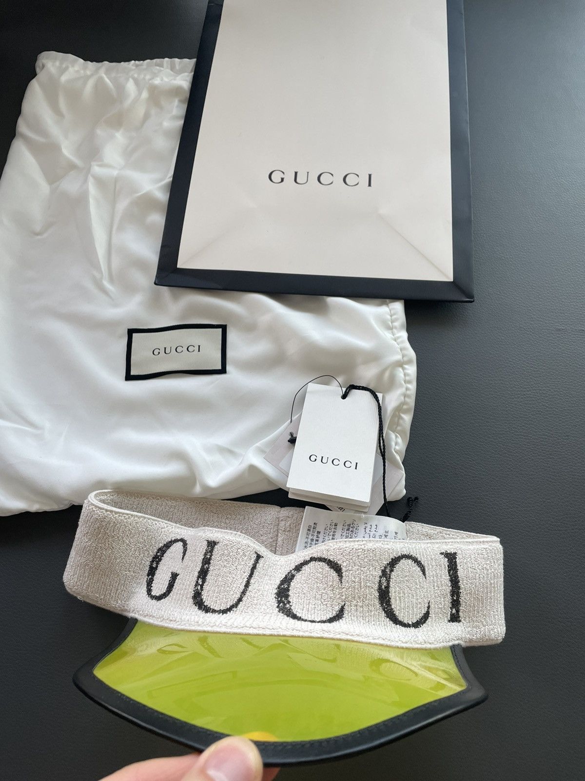 Gucci Limited RARE Super Runway Vinyl Gucci Logo Elastic Visor Hat Size ONE SIZE - 12 Thumbnail