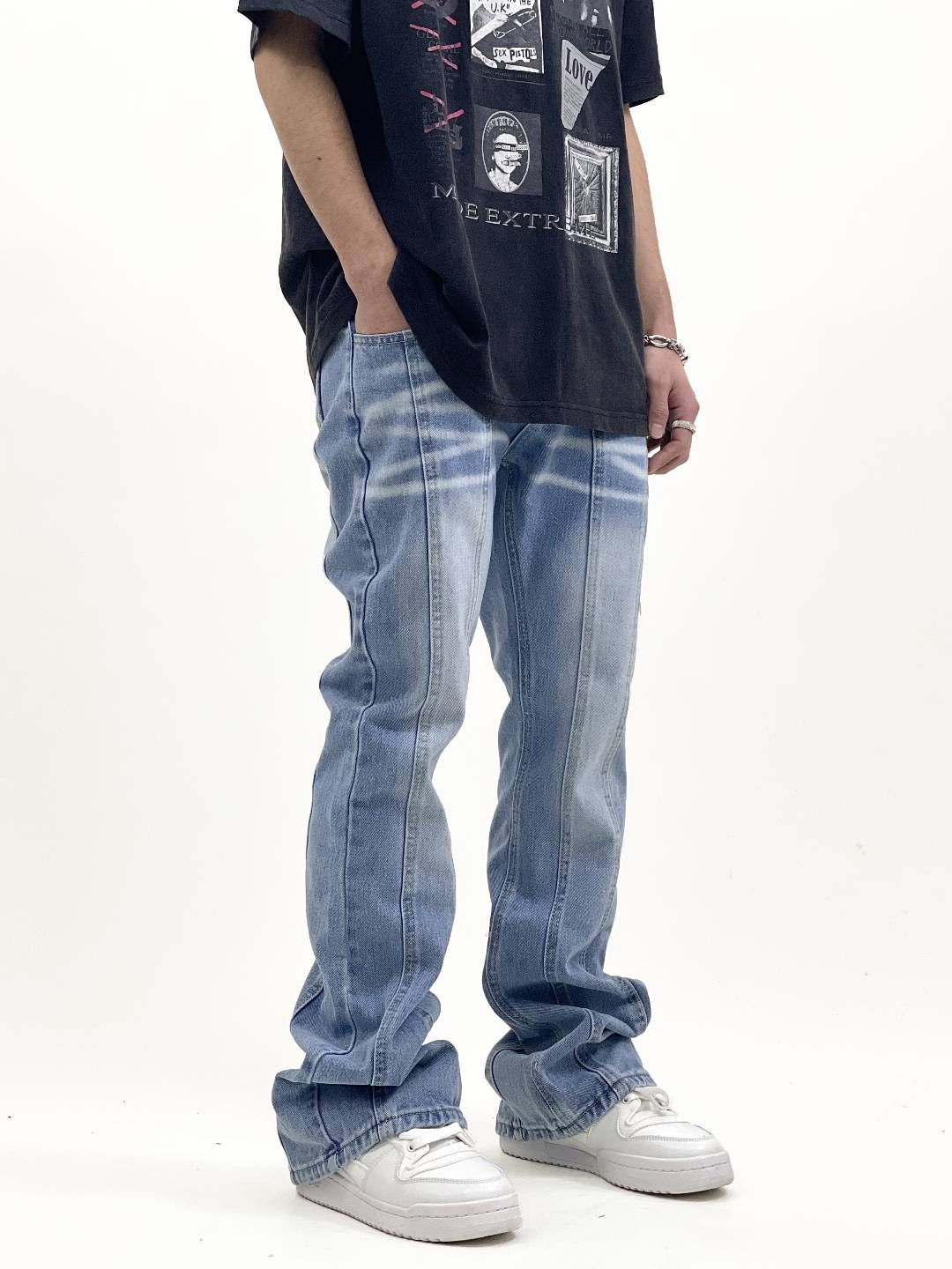 distressed fade flare punk jeans