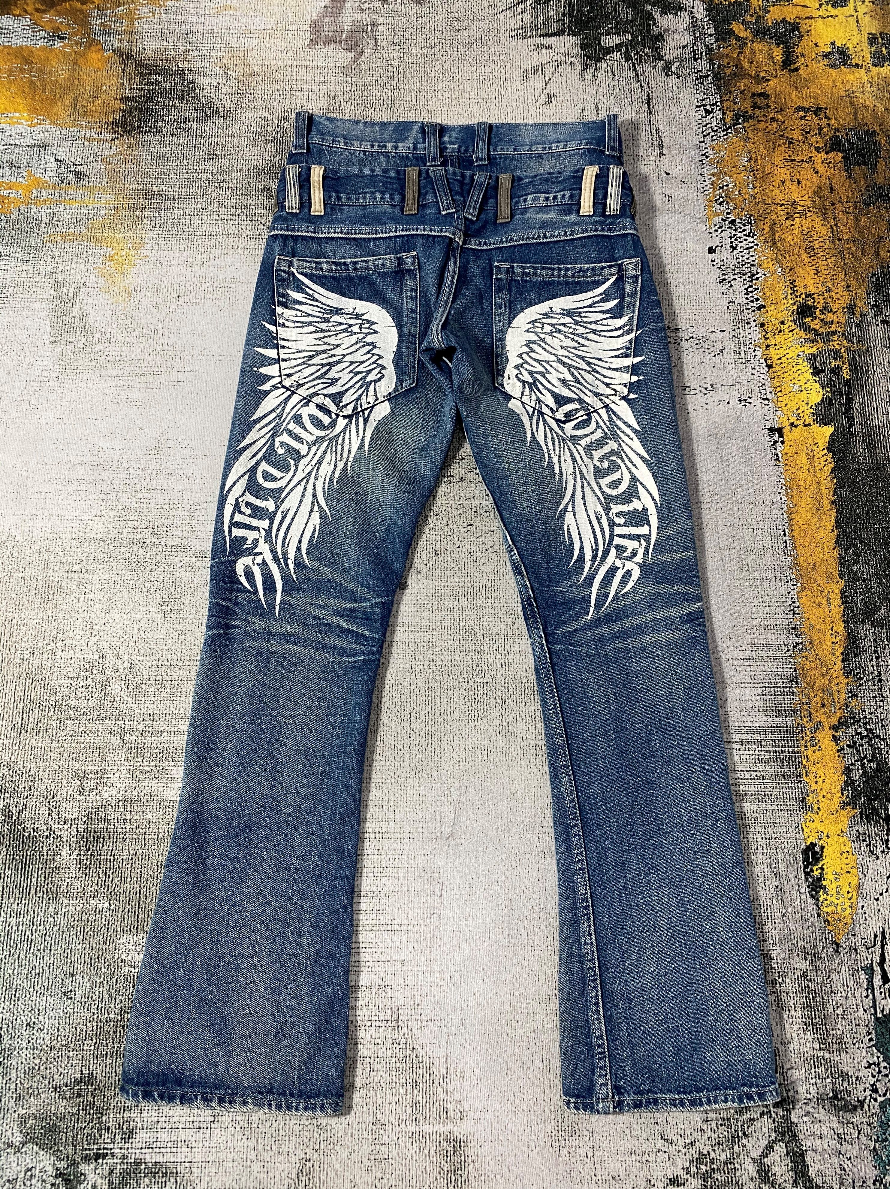image of Distressed Denim x If Six Was Nine Wild Life Double Waist Mid Wash Flare Bootcut Printed Denim in B