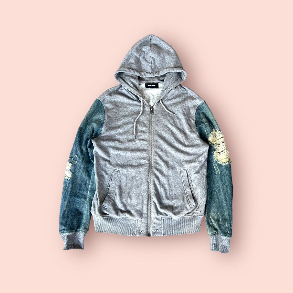 image of Diesel Distressed Denim Sleeves Hoodie in Denim/Grey, Men's (Size XL)