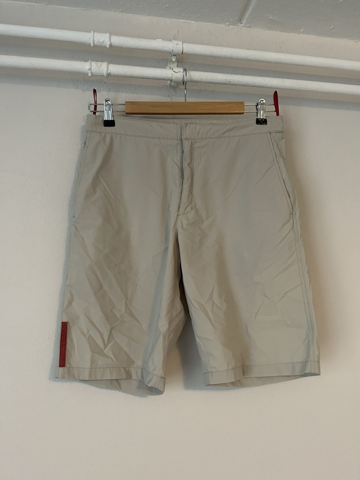 image of Prada Nylon Shorts With Red Tab in Beige, Men's (Size 33)