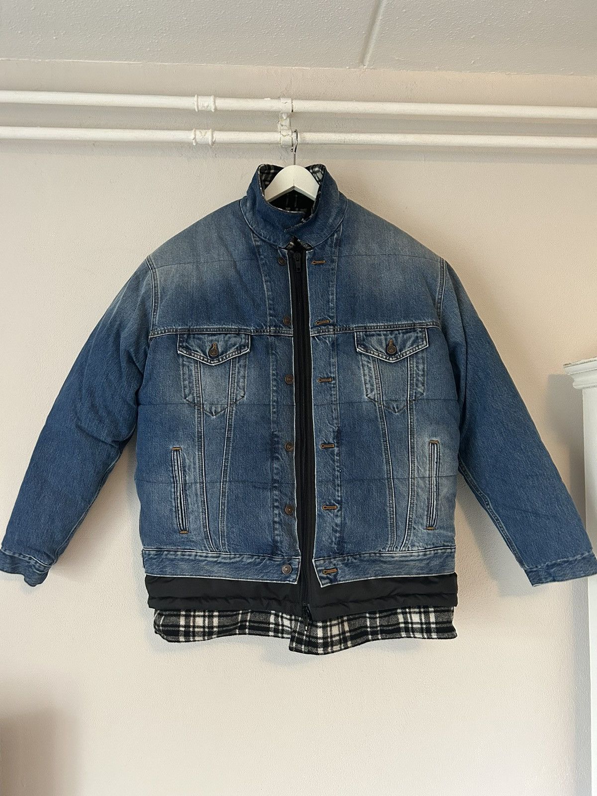 image of Balenciaga Blue Denim Layered Oversized Puffer Jacket, Men's (Size Small)