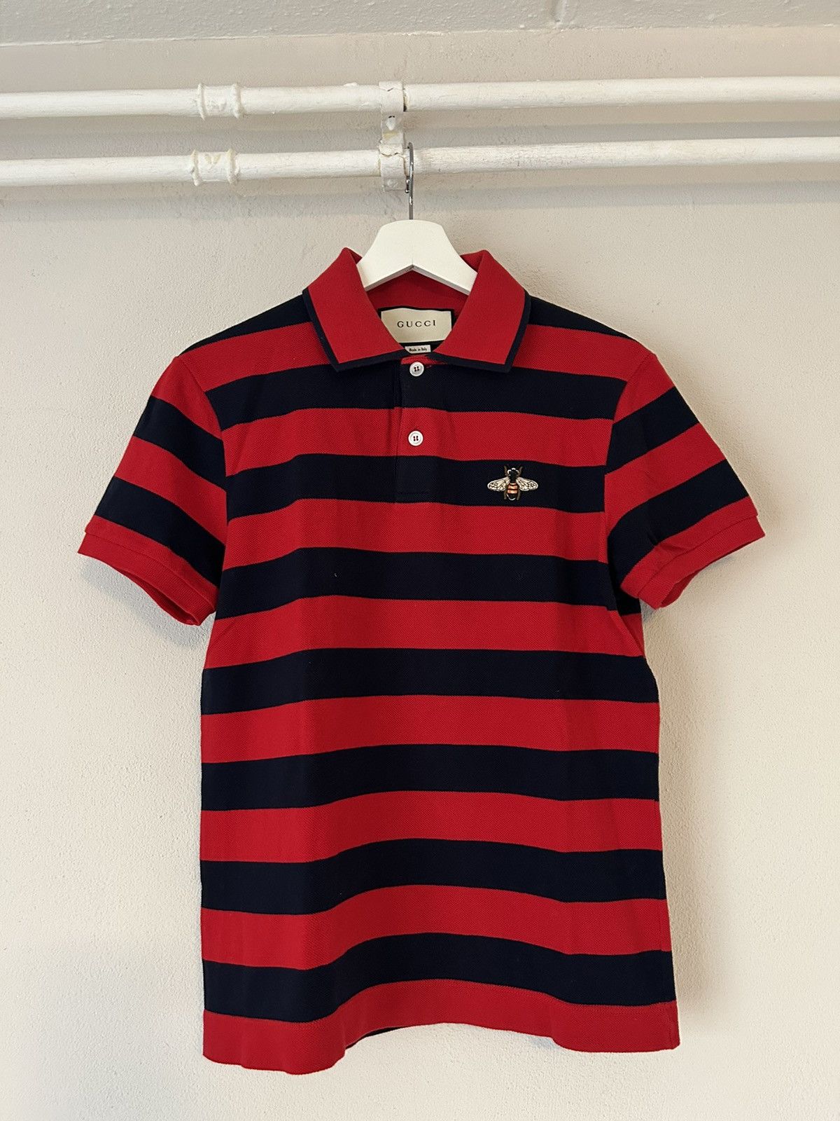 image of Gucci Red/black Striped Polo With Bee Embroidery in Red Black, Men's (Size XS)