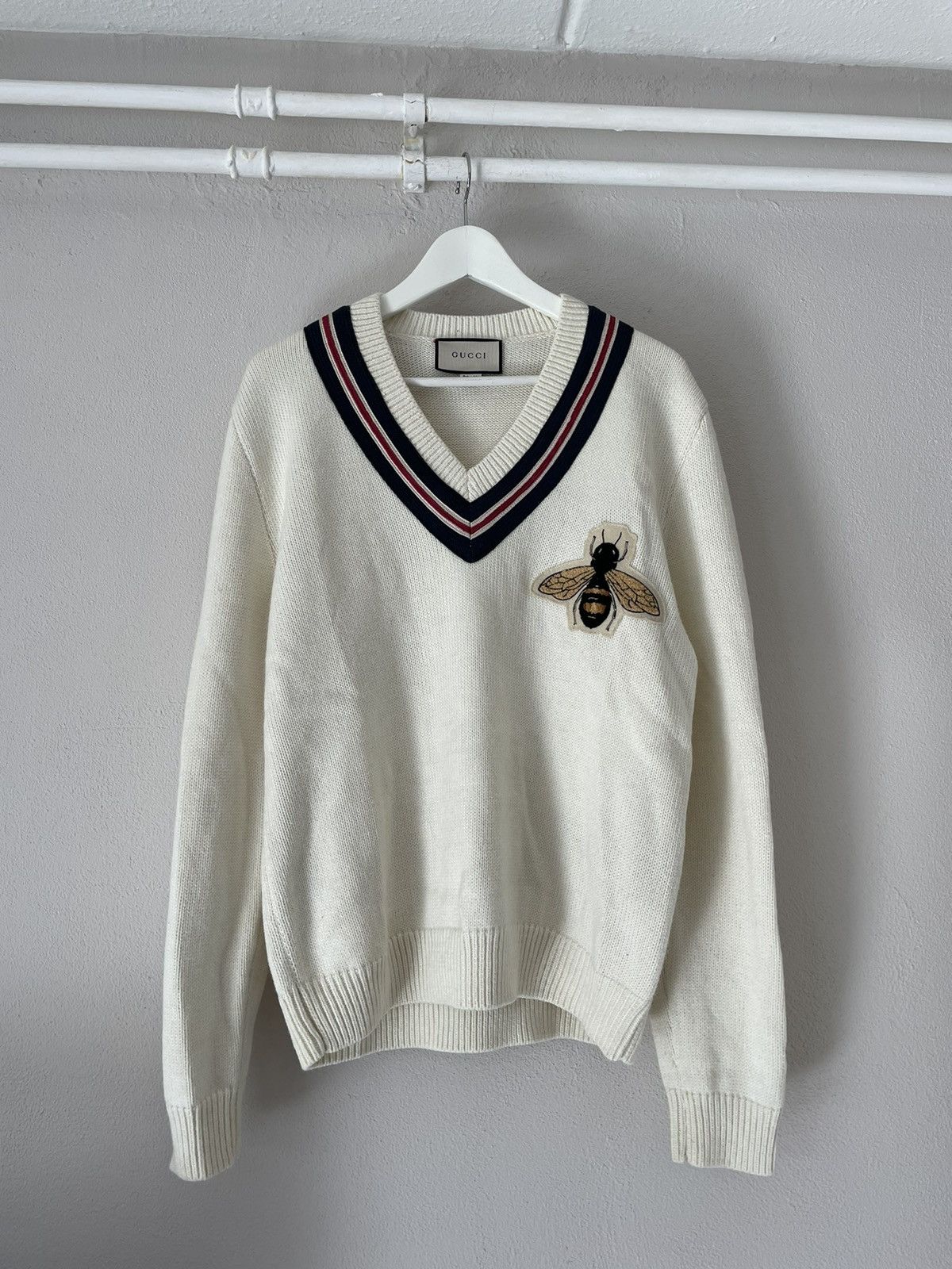 image of Gucci Bee Embroidered V-Neck Pullover Sweater in White, Men's (Size XL)