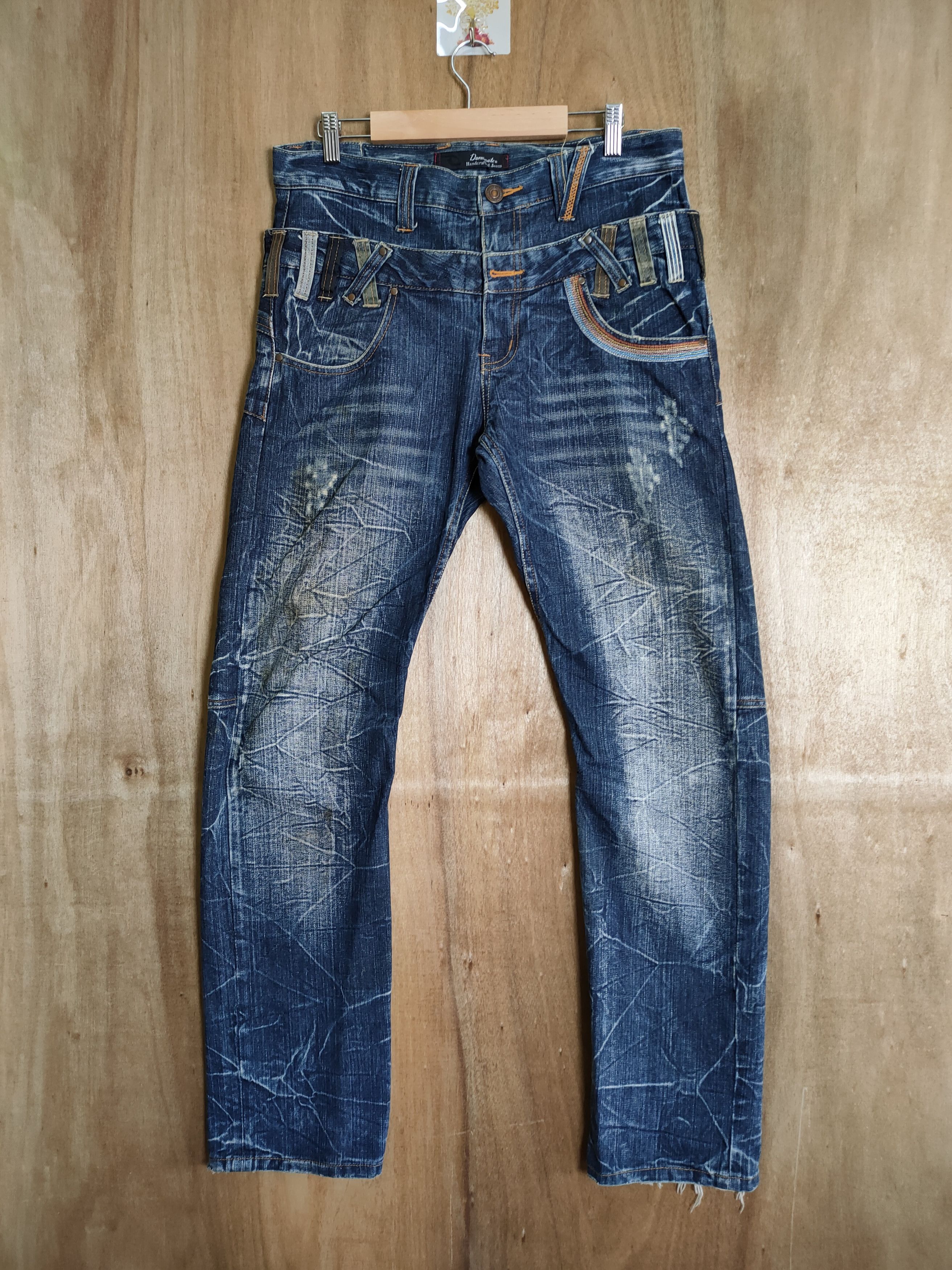 HANDCRAFTED STORM JEANS DOUBLE WAIST FADED DENIM PANTS