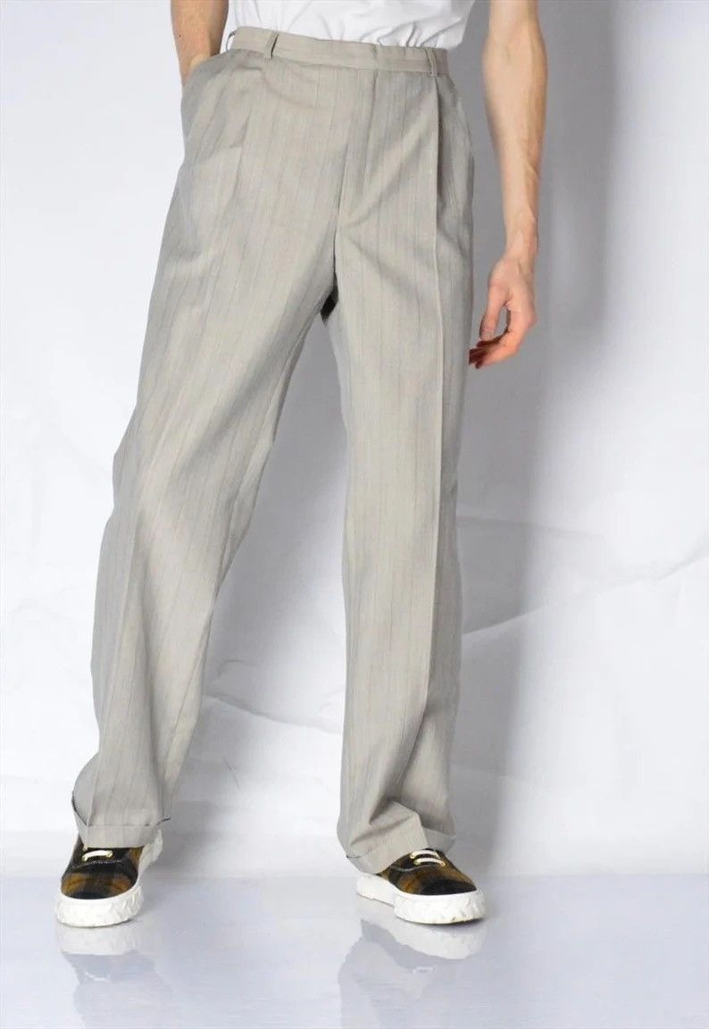 Vintage 80s Beige Striped Pleated Trouser Pants Size US 34 / EU 50 - 1 Thumbnail