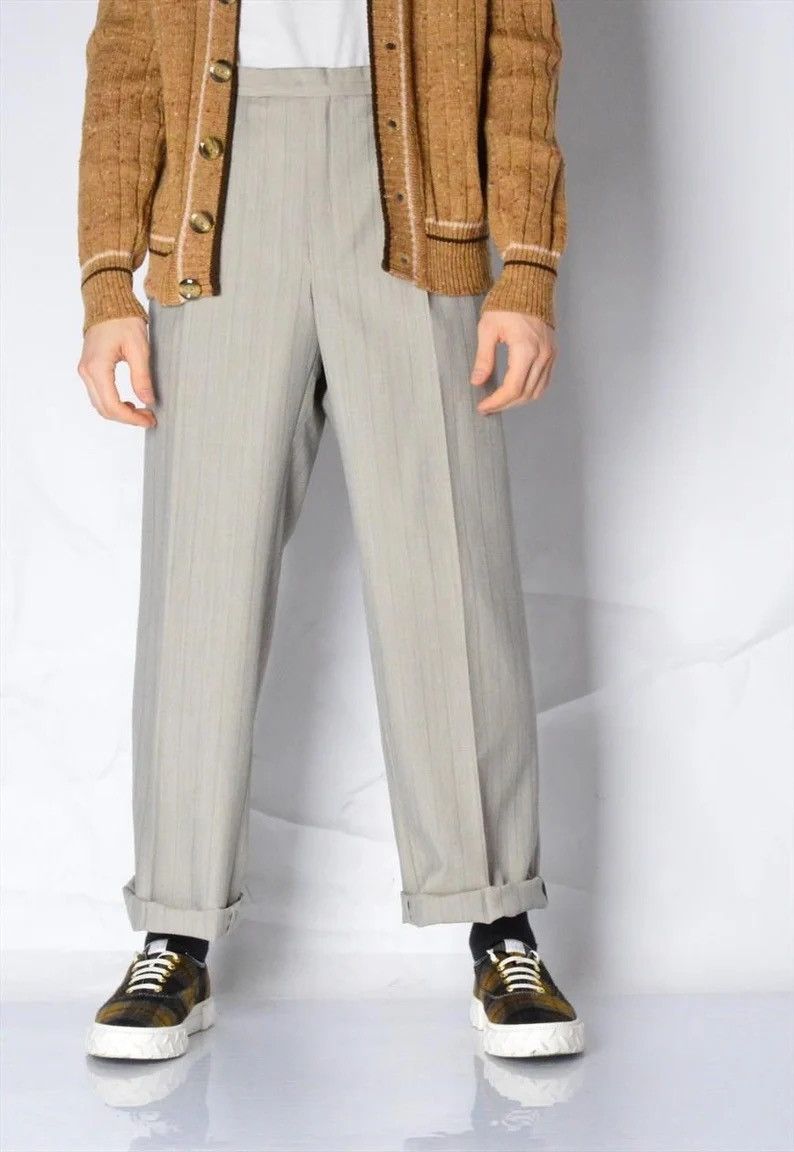 Vintage 80s Beige Striped Pleated Trouser Pants Size US 34 / EU 50 - 2 Thumbnail