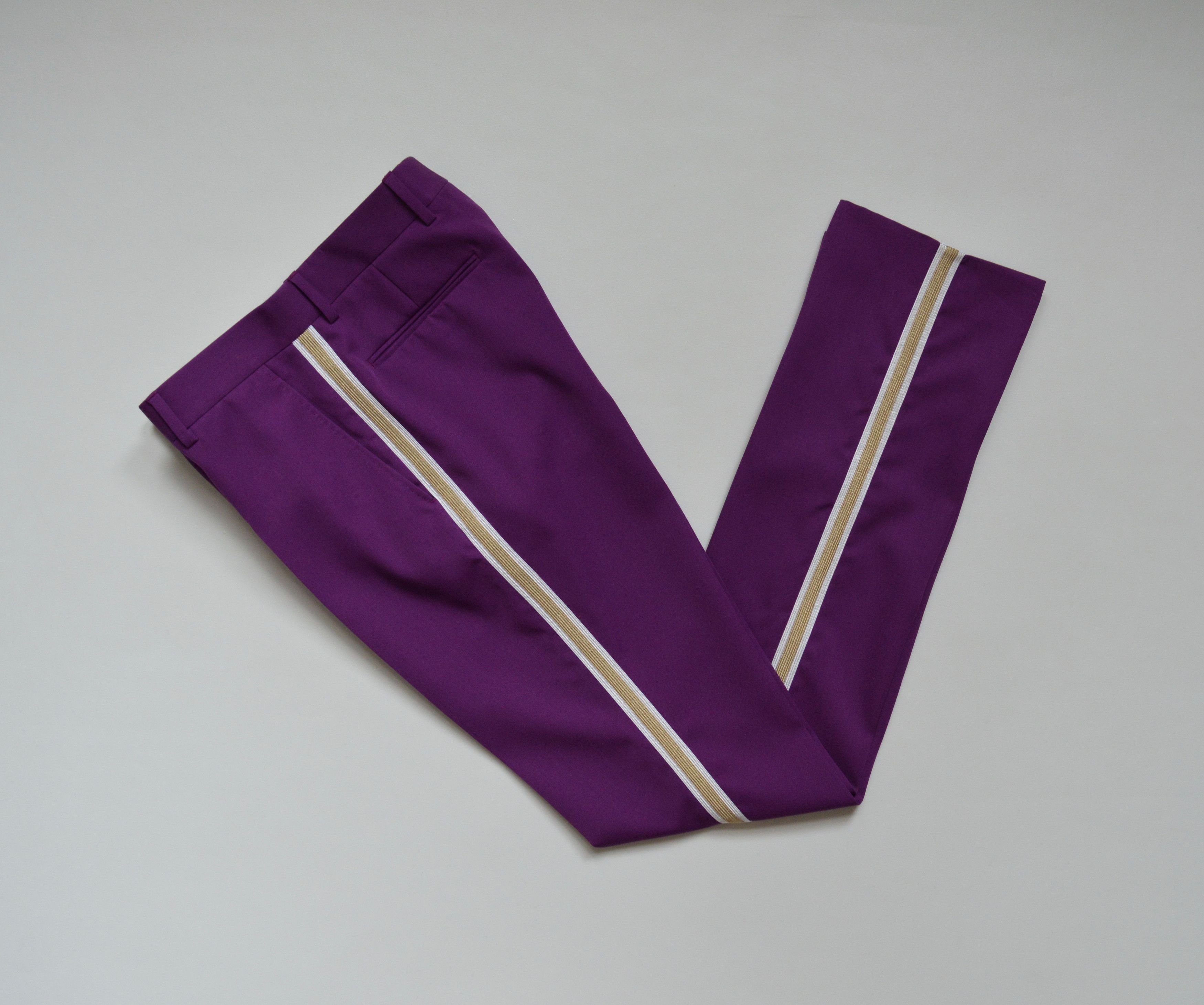 image of Calvin Klein 205W39Nyc x Raf Simons A/w 19 Brigade Side Stripe Wool Trousers in Purple/Cream/Gold (