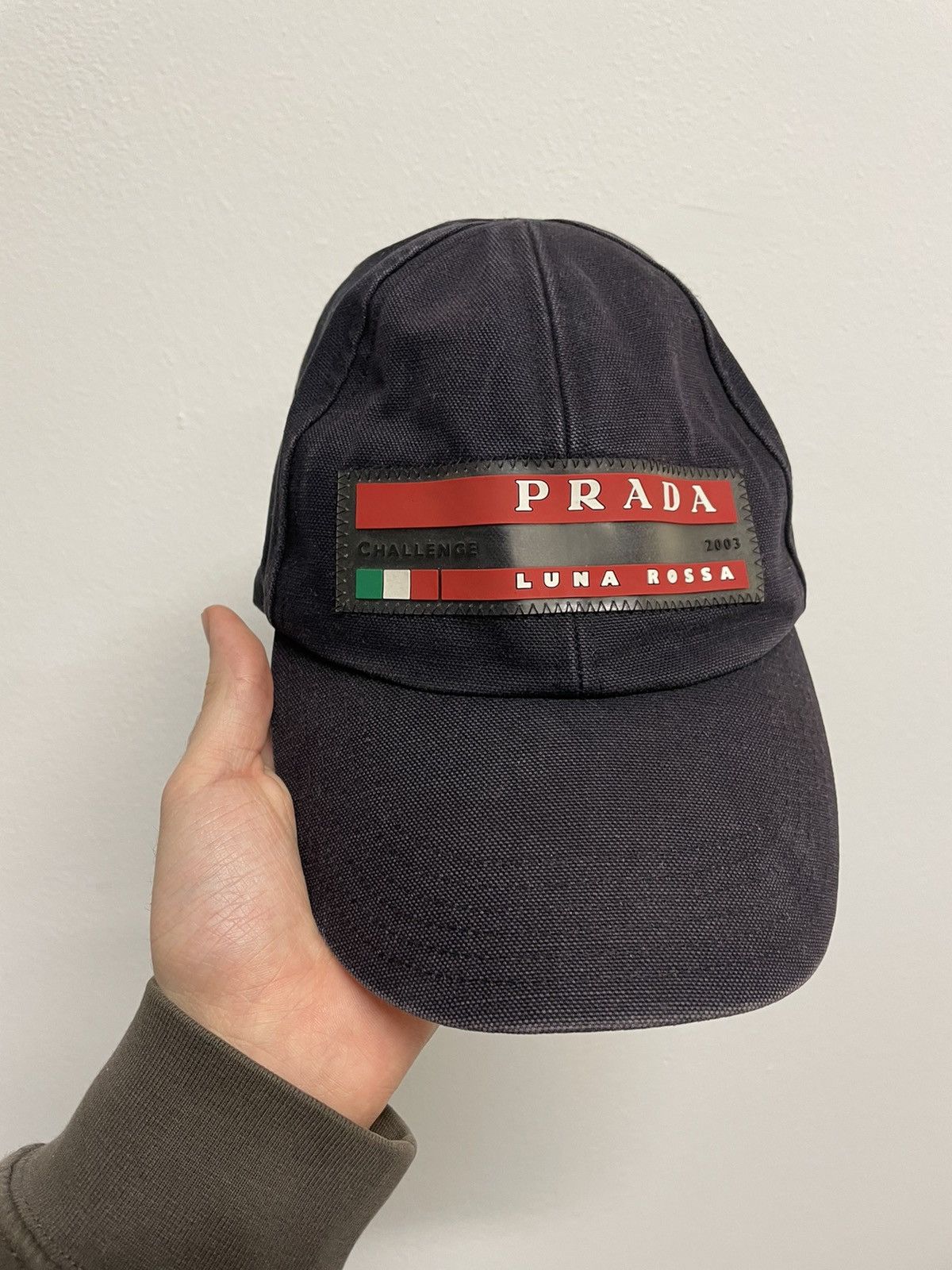 image of Prada 2003 Luna Rossa Challenge Sailing Red Tab Line Logo Hat in Blue, Men's