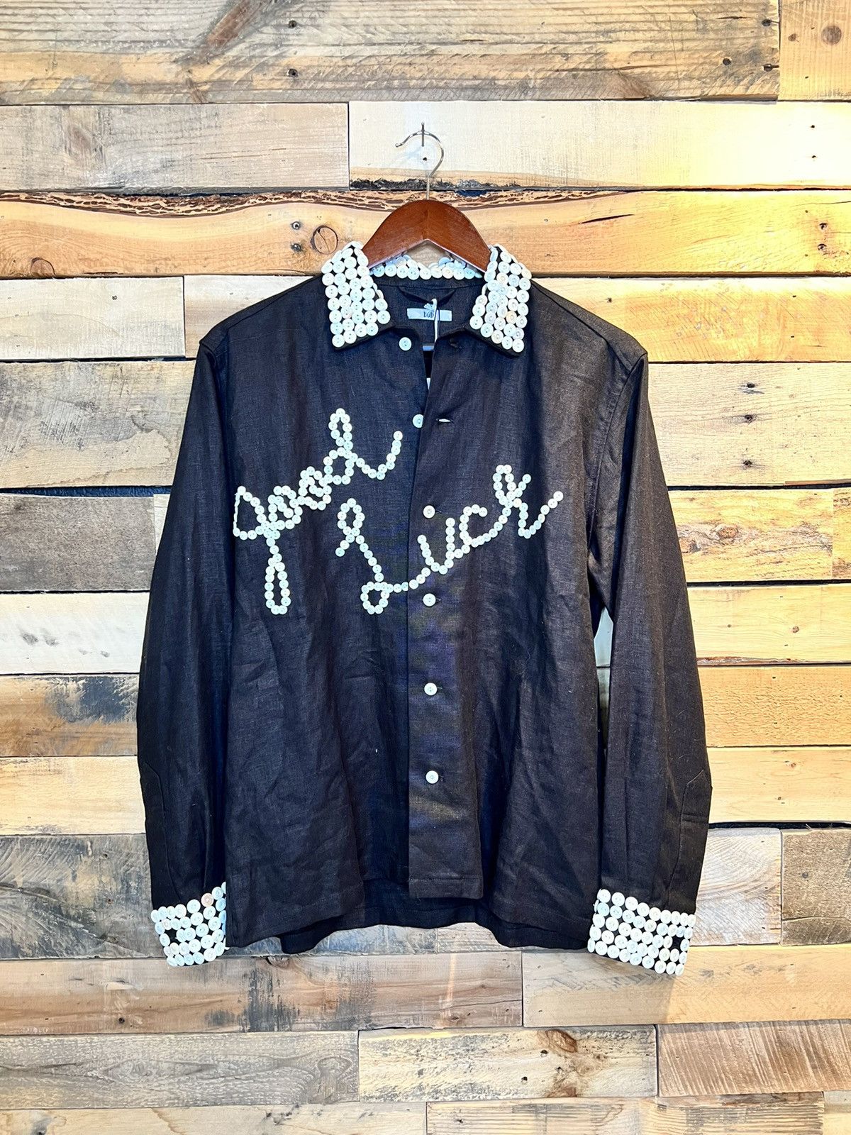 image of Bode 'good Luck' Button-Embellished Linen Shirt in Black, Men's (Size Medium)